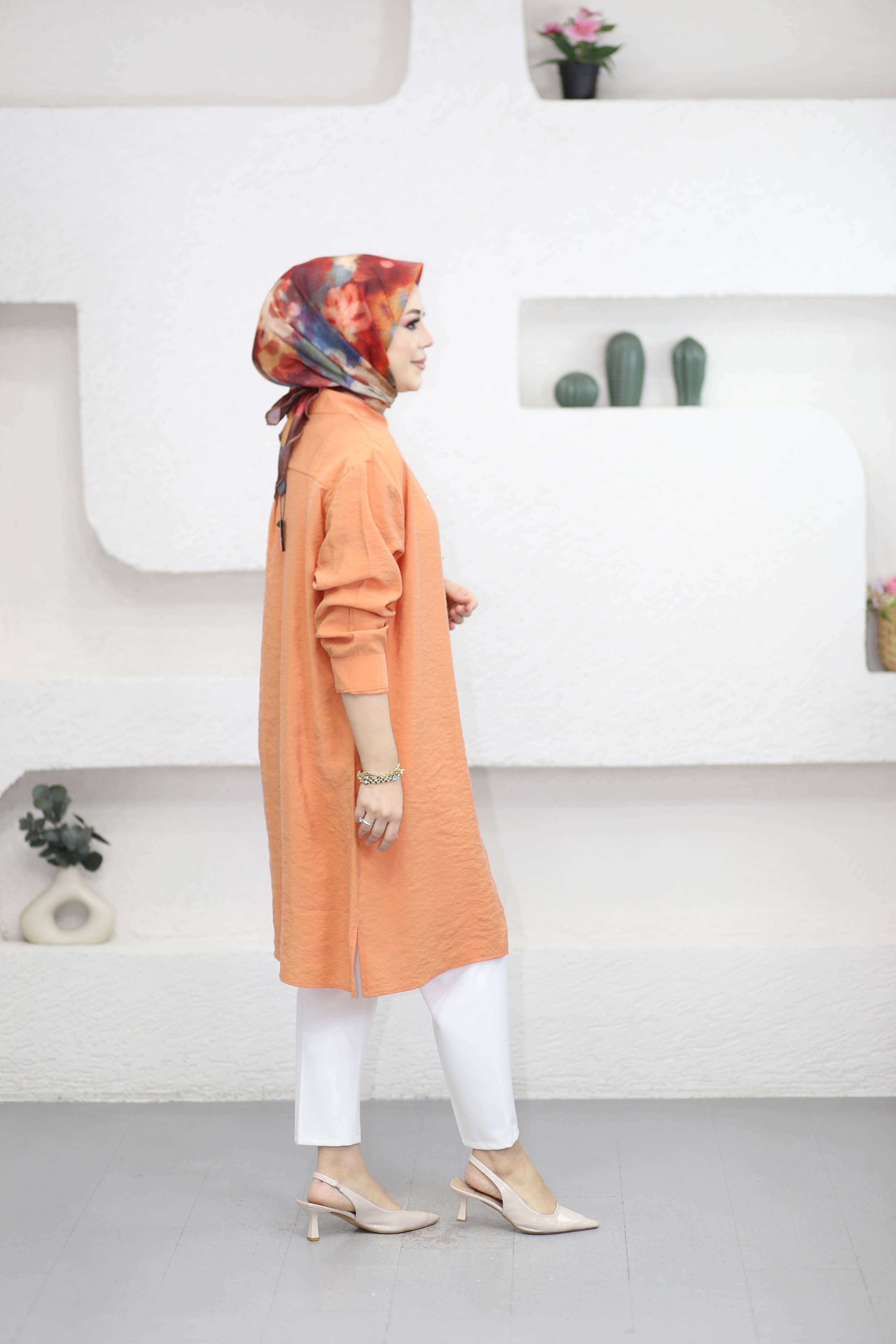 Şeritli Stil Uzun Gömlek Turuncu 260148