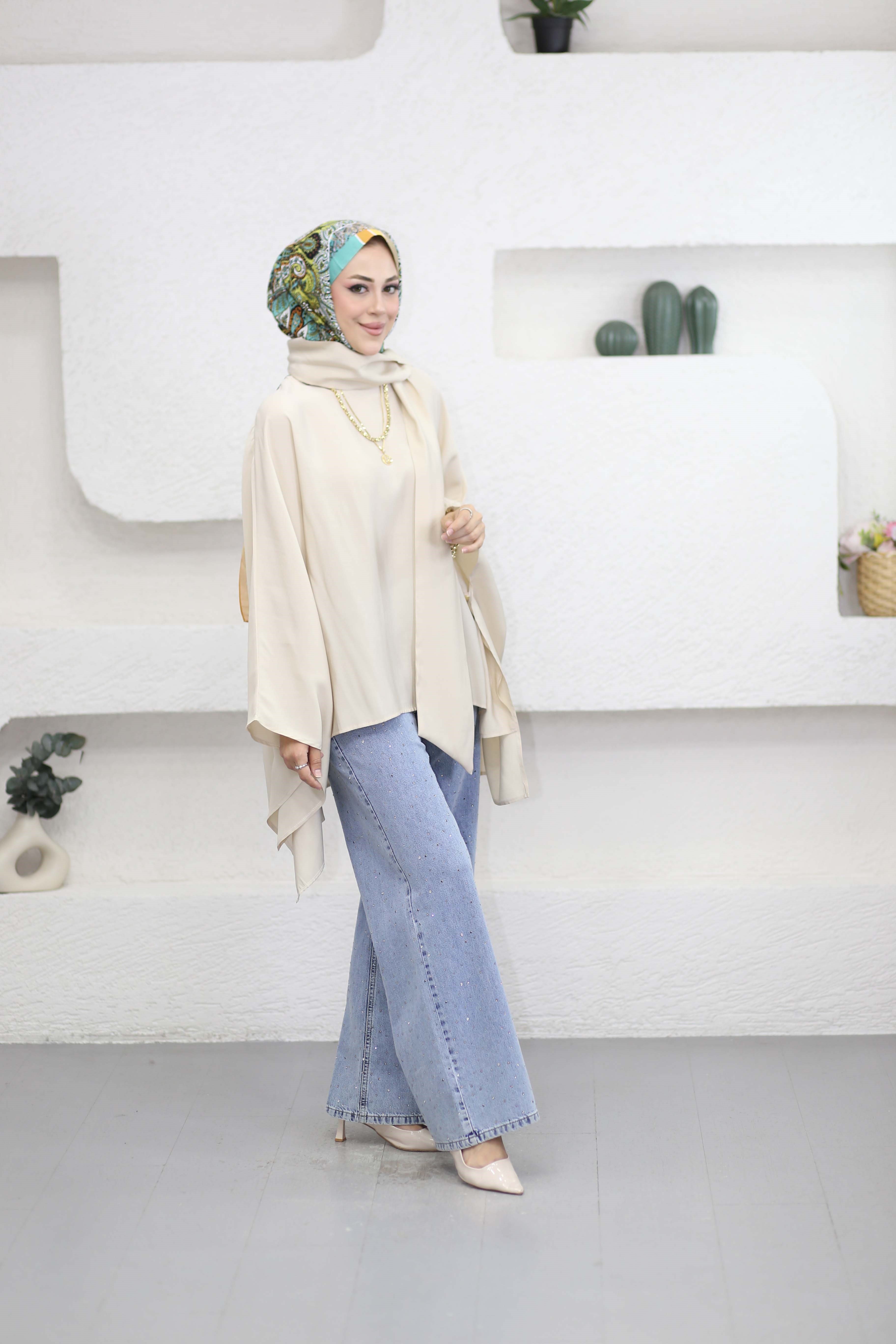 Yarasa Kol Şal Detaylı Bluz Bej 2268