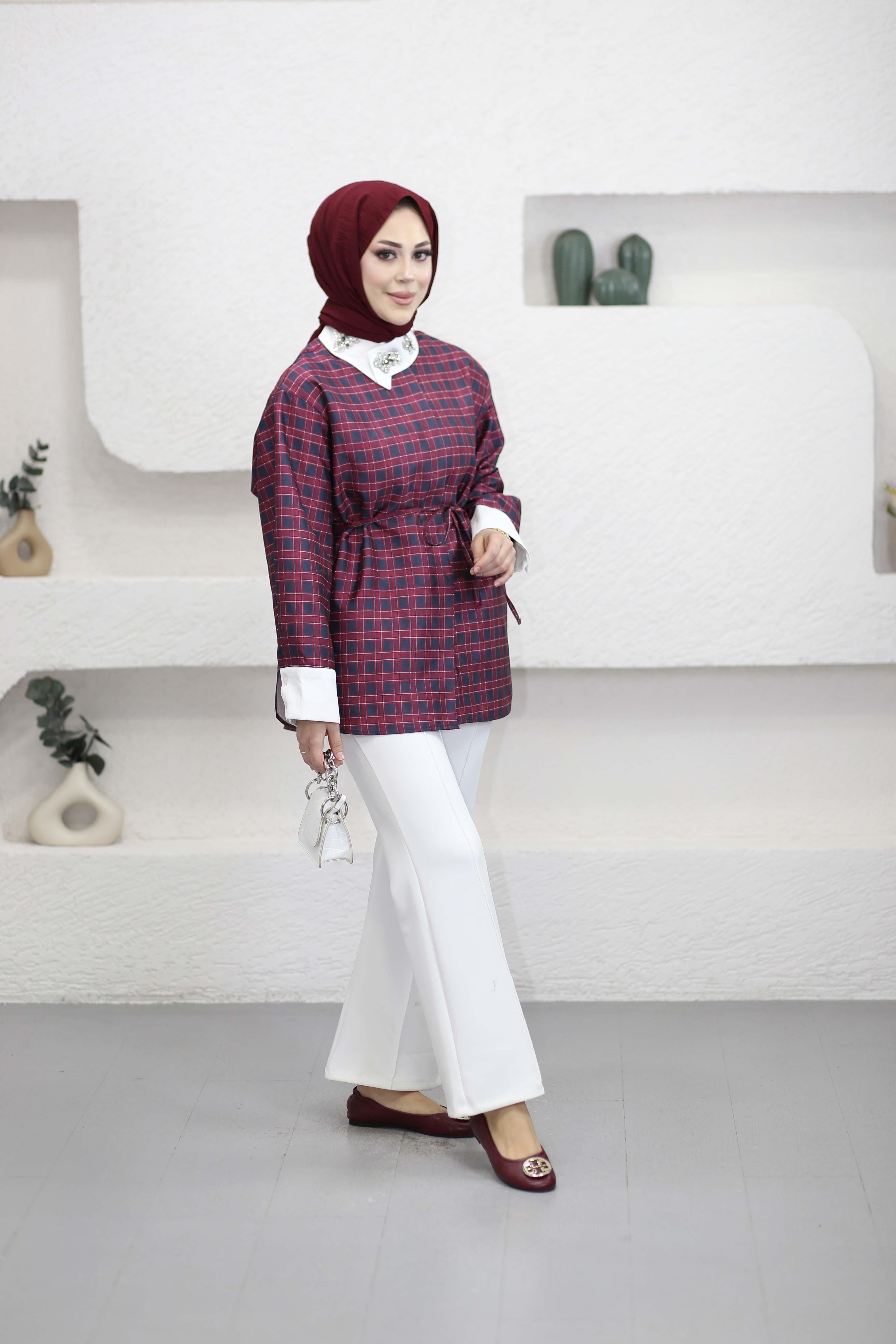 Taş Yakalı Ekose Gömlek Bordo 556