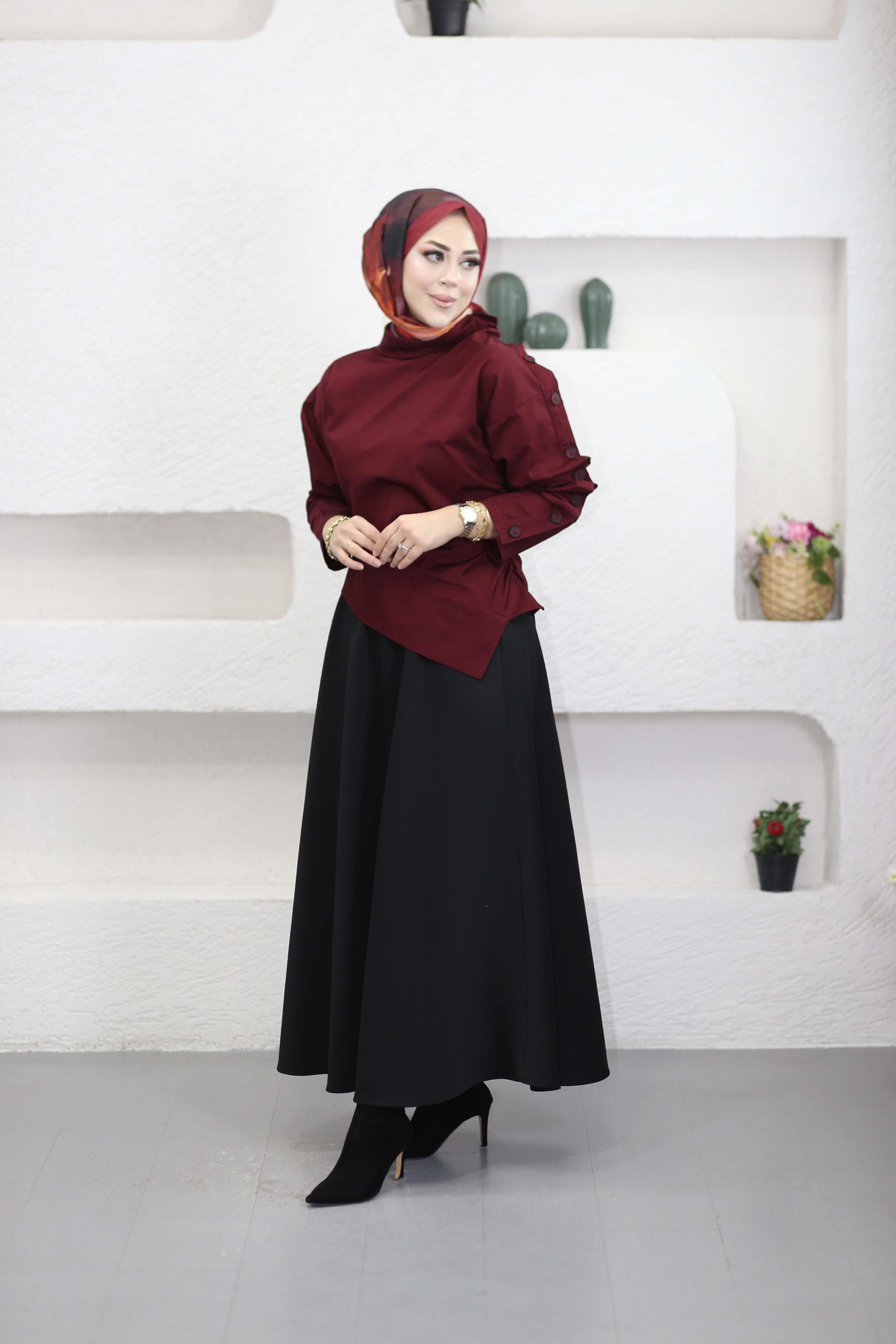 Düğme Detaylı Asimetrik Gömlek Bordo 26024