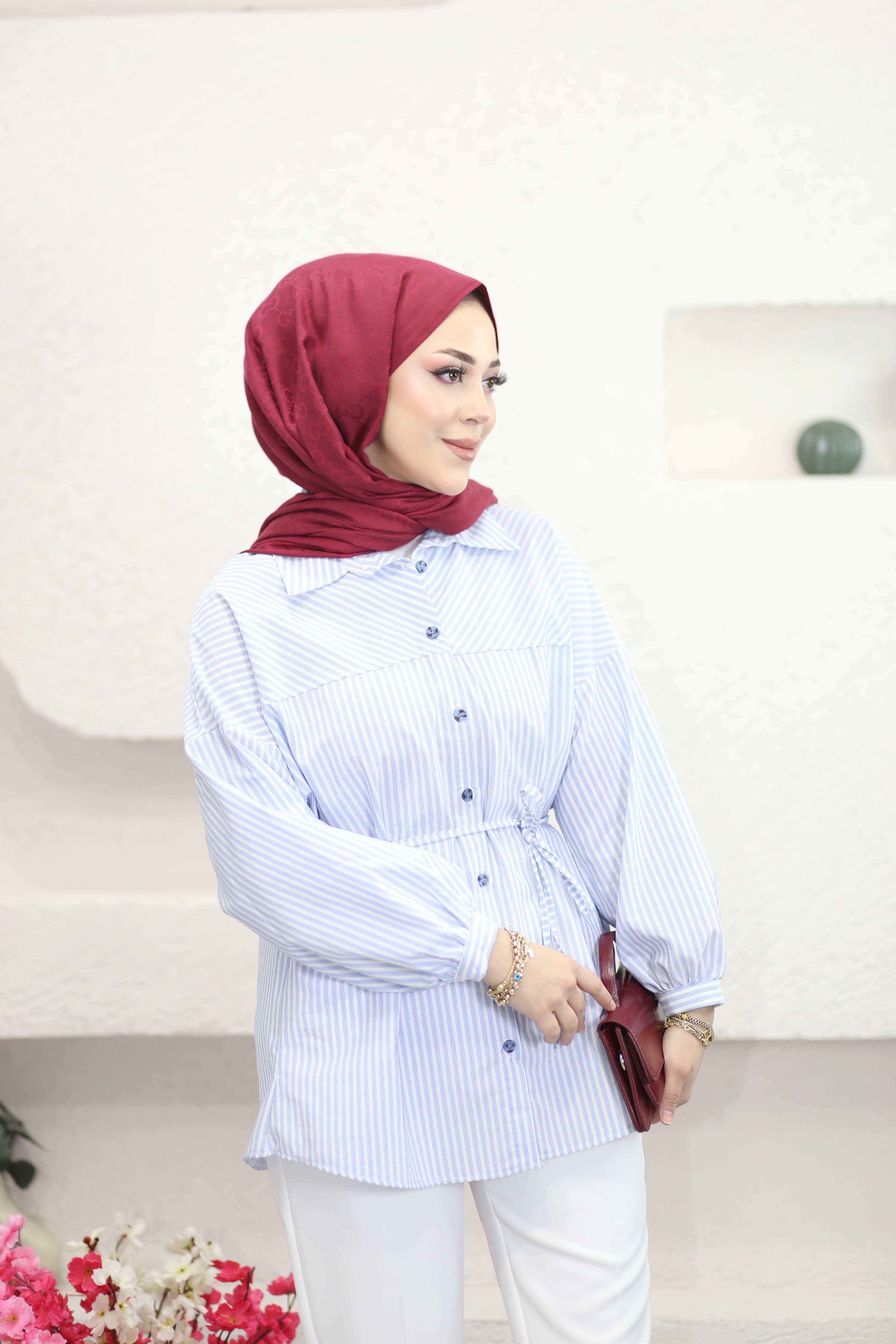 Kuşaklı Oversize Basıc Gömlek Mavi 6446