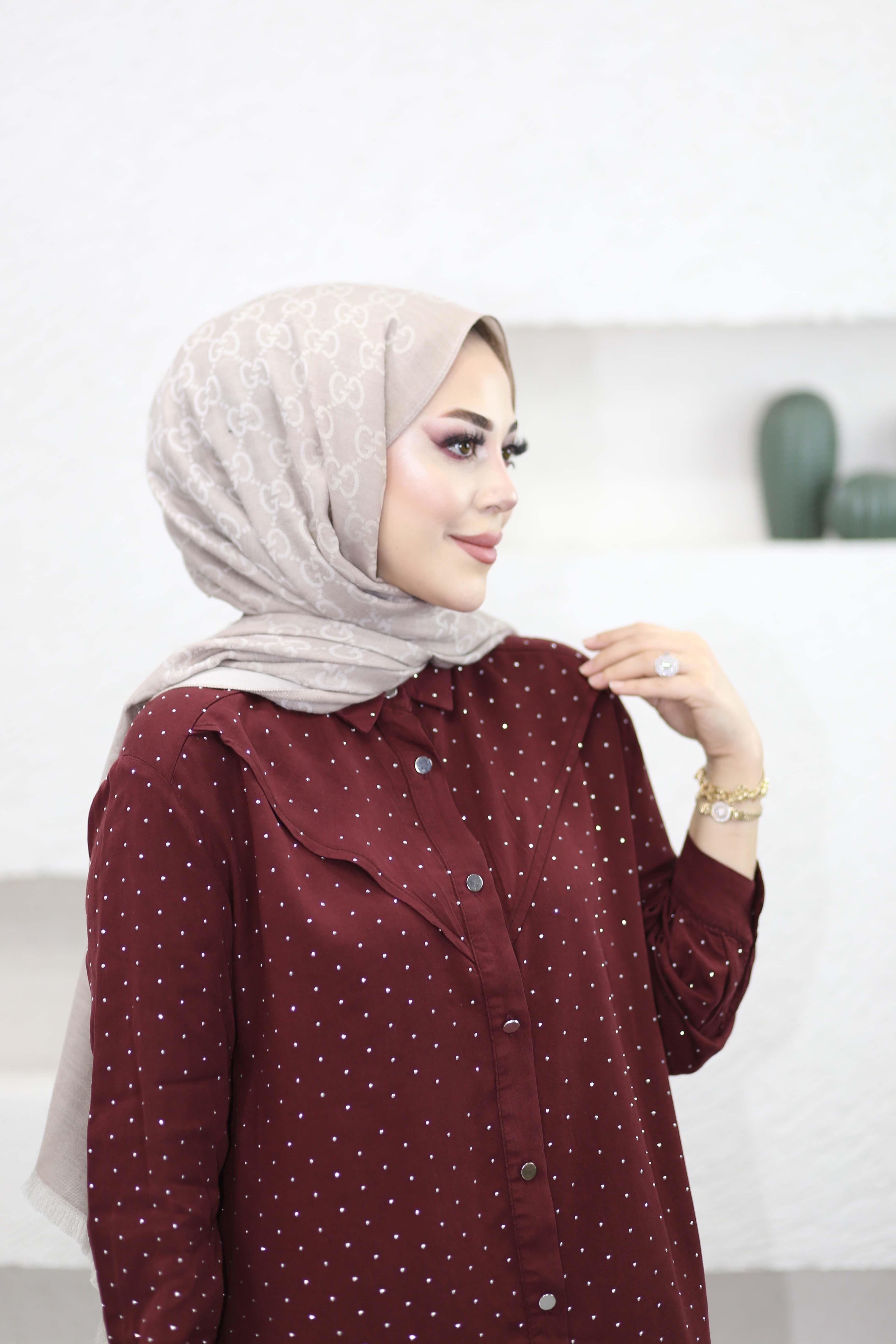 Taşlı Tencel Gömlek Bordo 7421