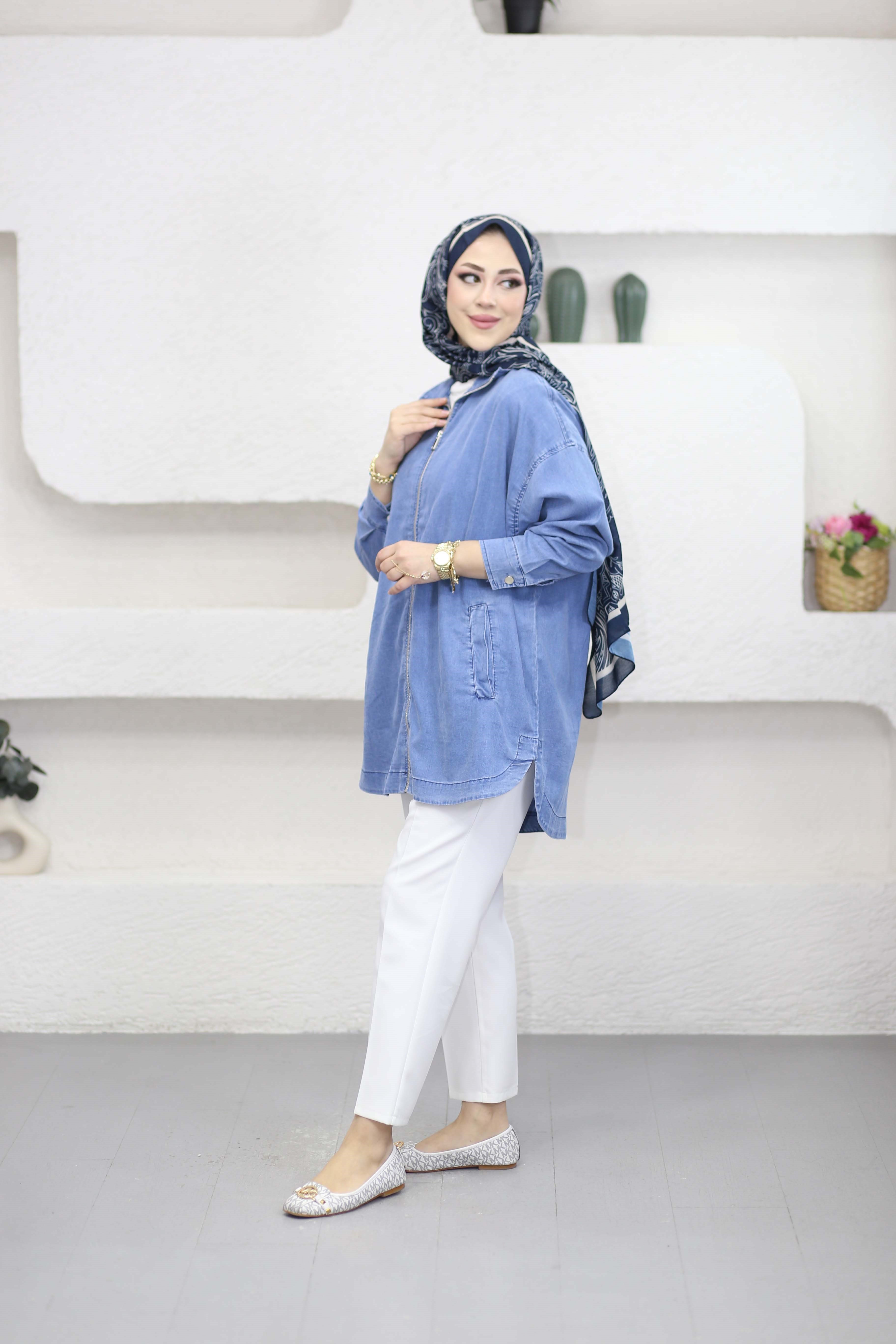 Fermuarlı Tencel Gömlek Açık Mavi 5647
