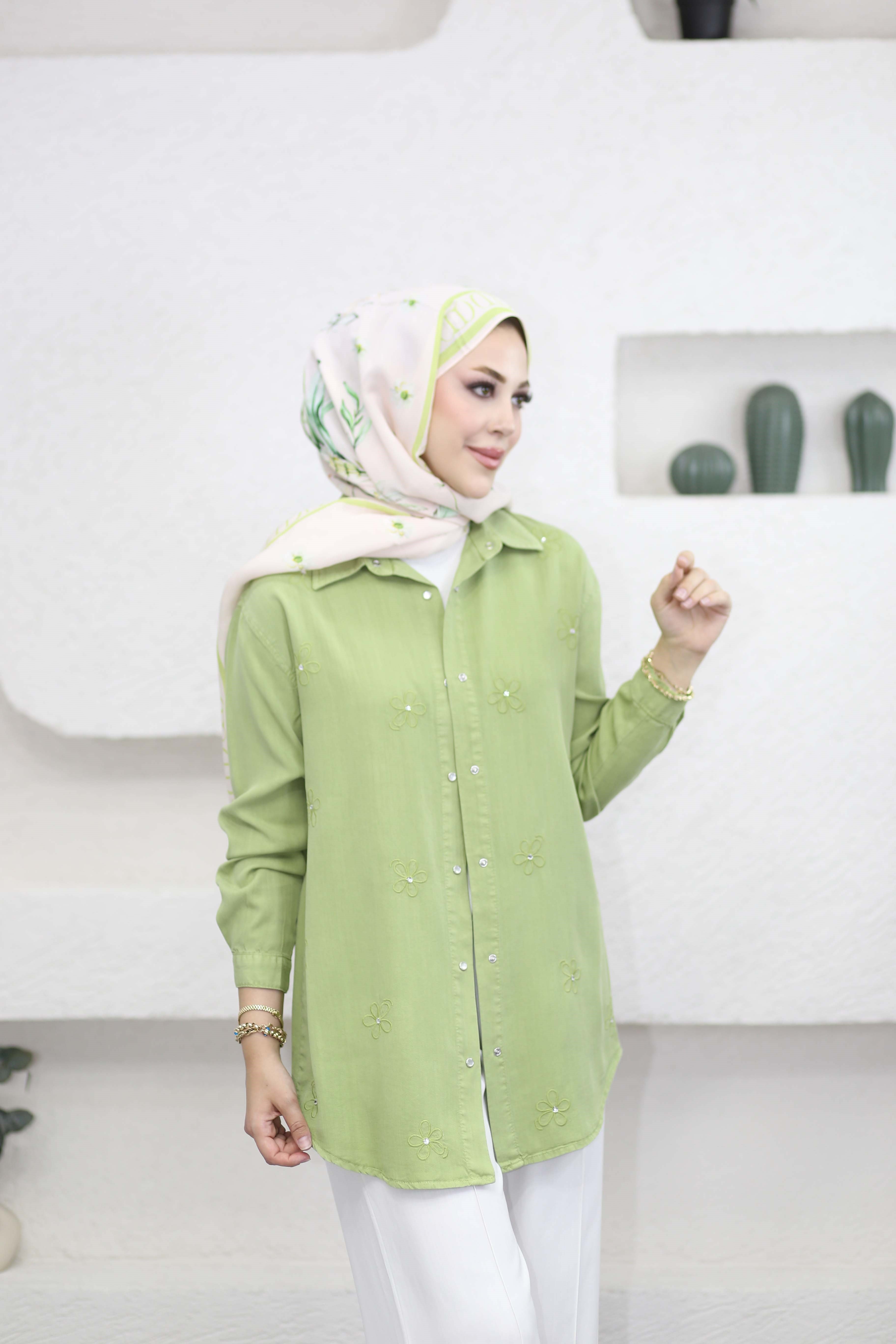 Papatya Tencel Gömlek Yeşil 7418