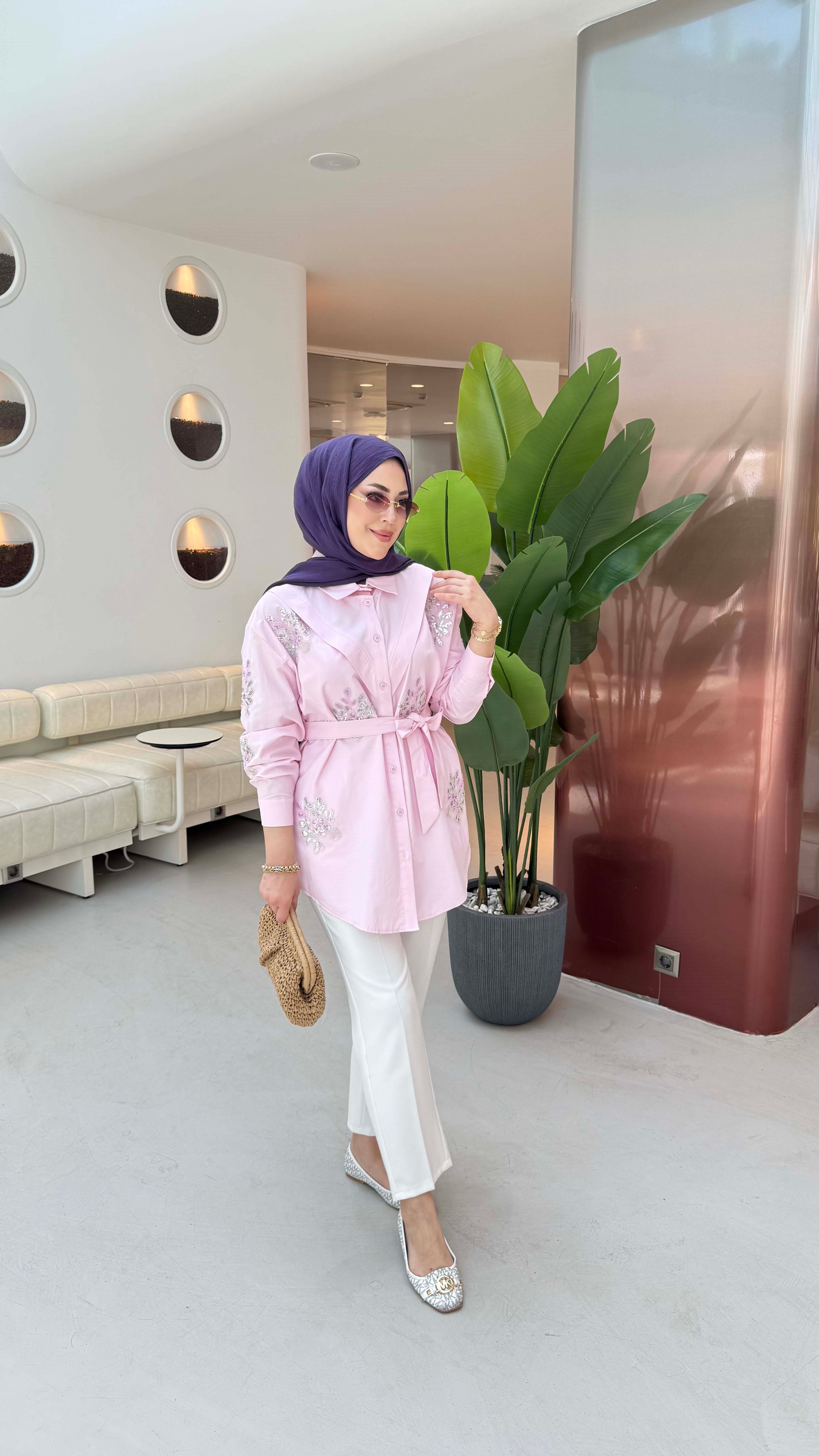 Taşlı Kuşaklı Gömlek Pembe 170325
