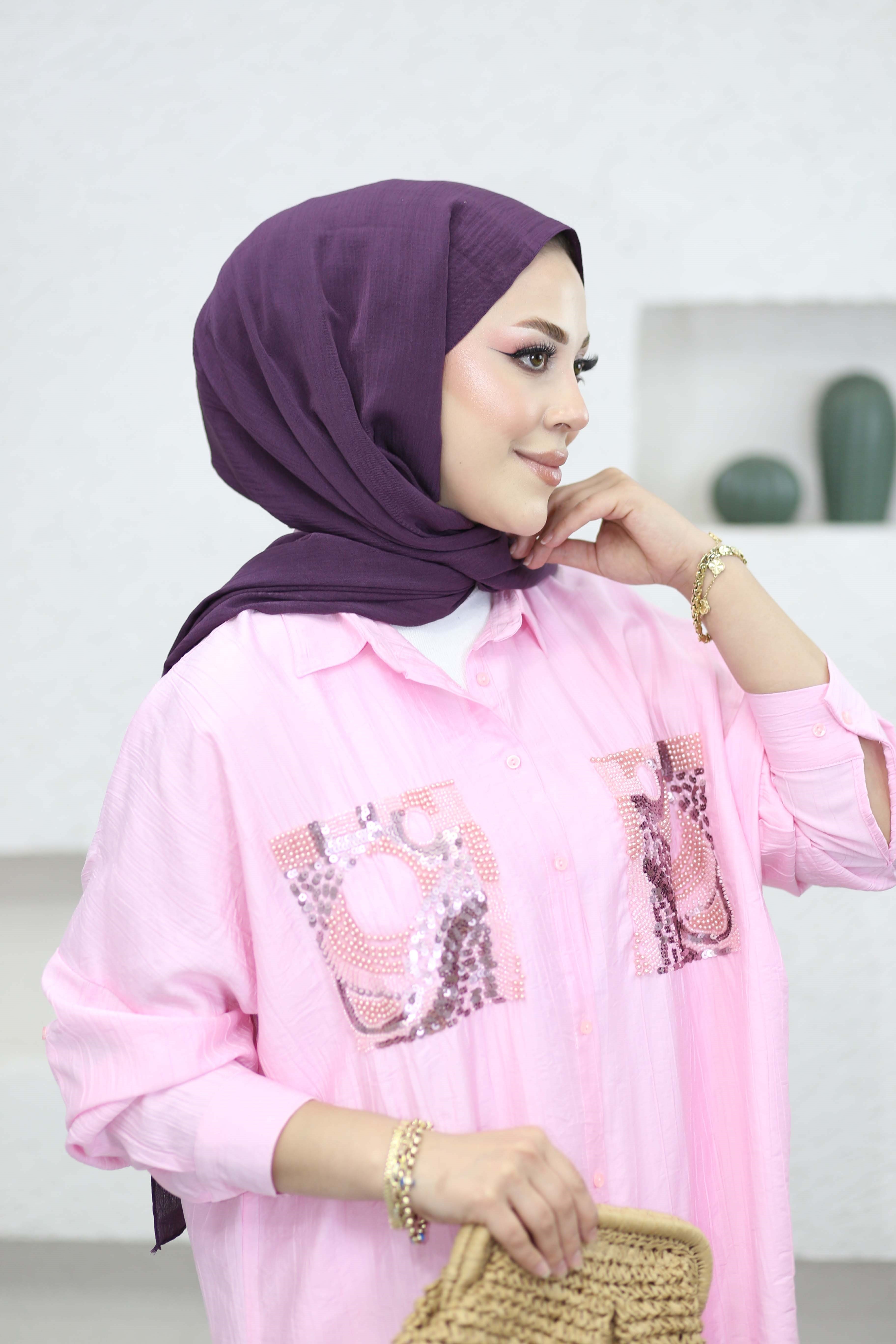 Bilge Nakışlı Gömlek Pembe 5476
