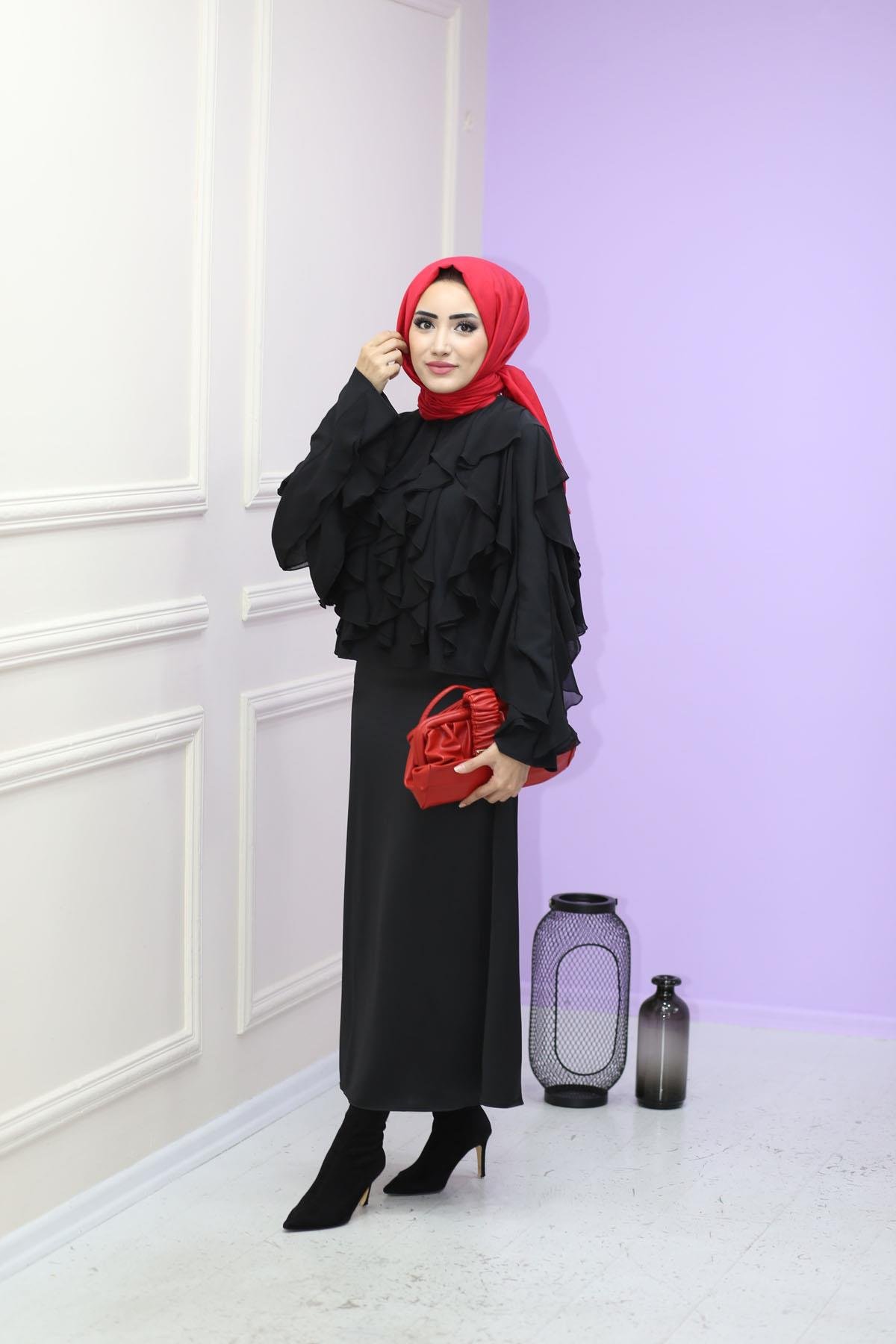 Fırfırlı Şifon Bluz Siyah 2406