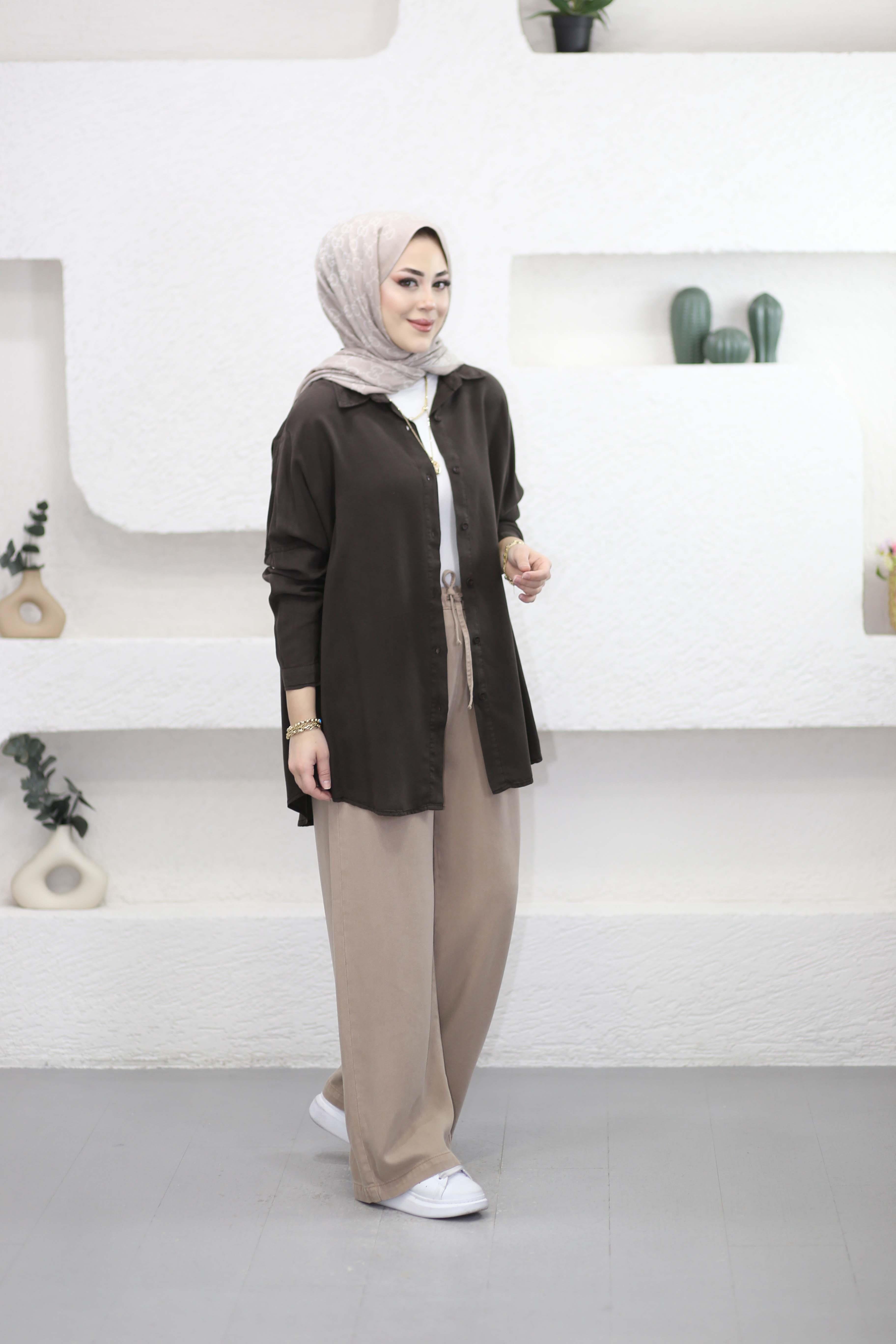 Oversize Tencel Gömlek Kahverengi 7351