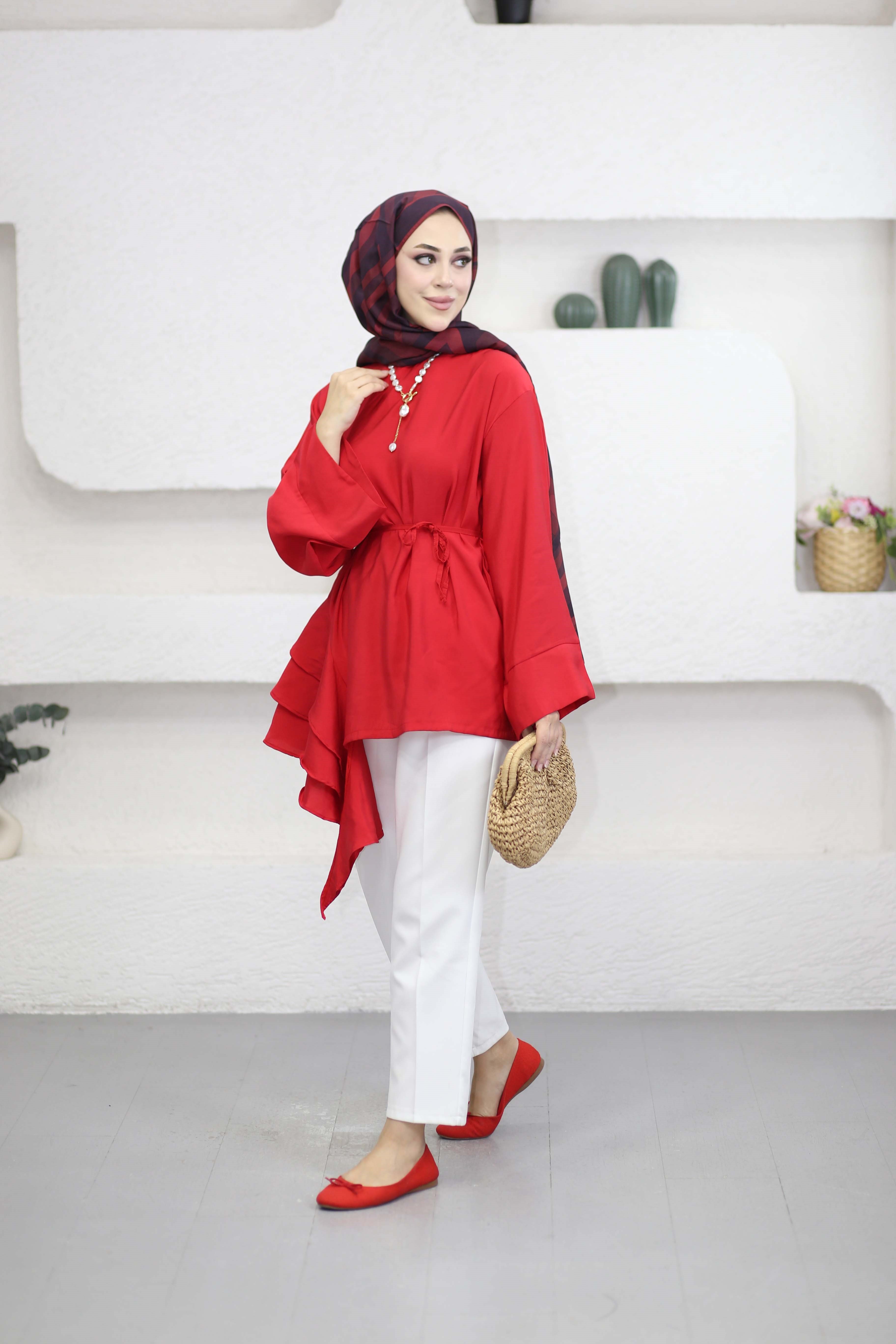 Volanlı Bağcıklı Tunik Kırmızı 61437