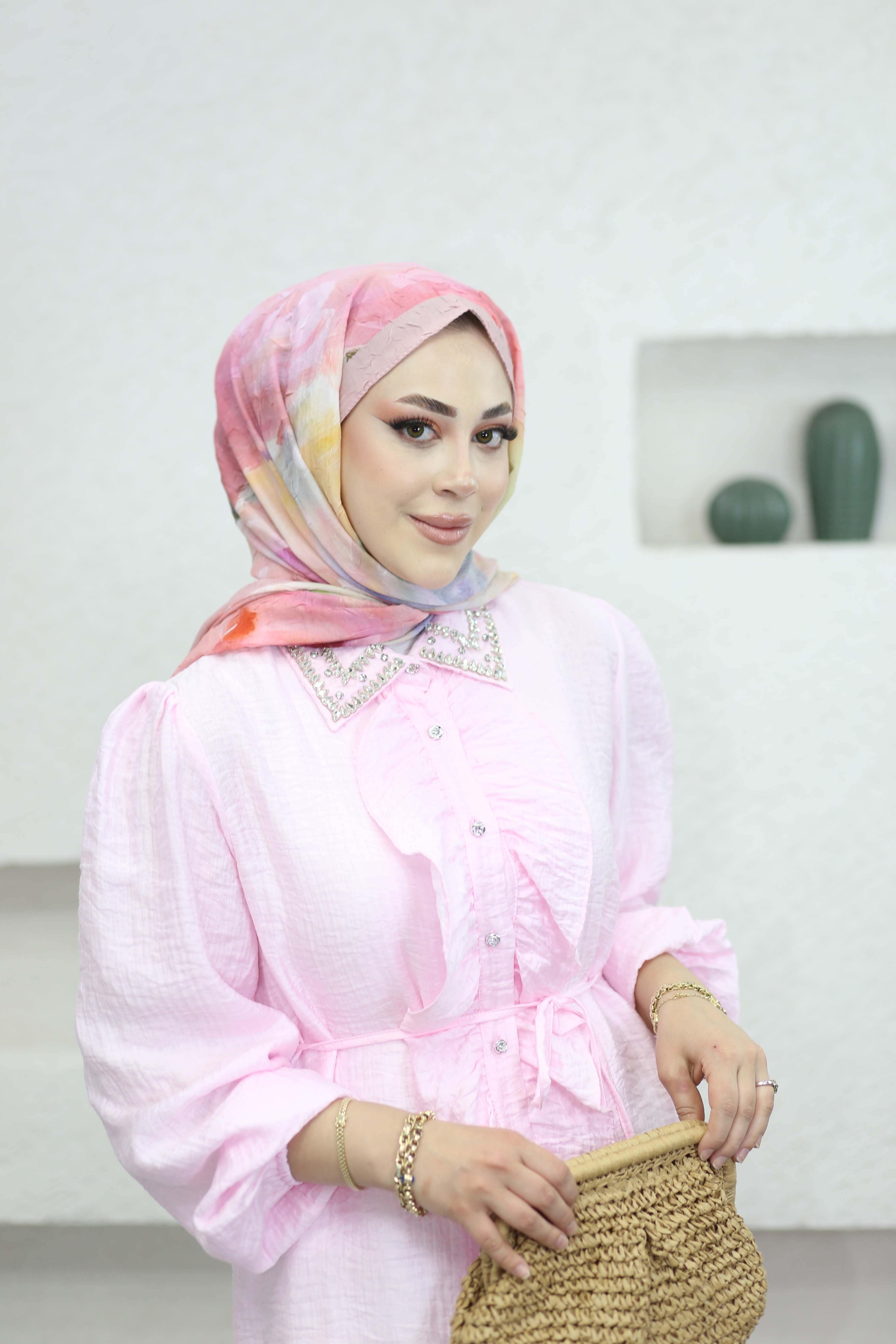 Taş Yaka Fırfırlı Gömlek Pembe 130324