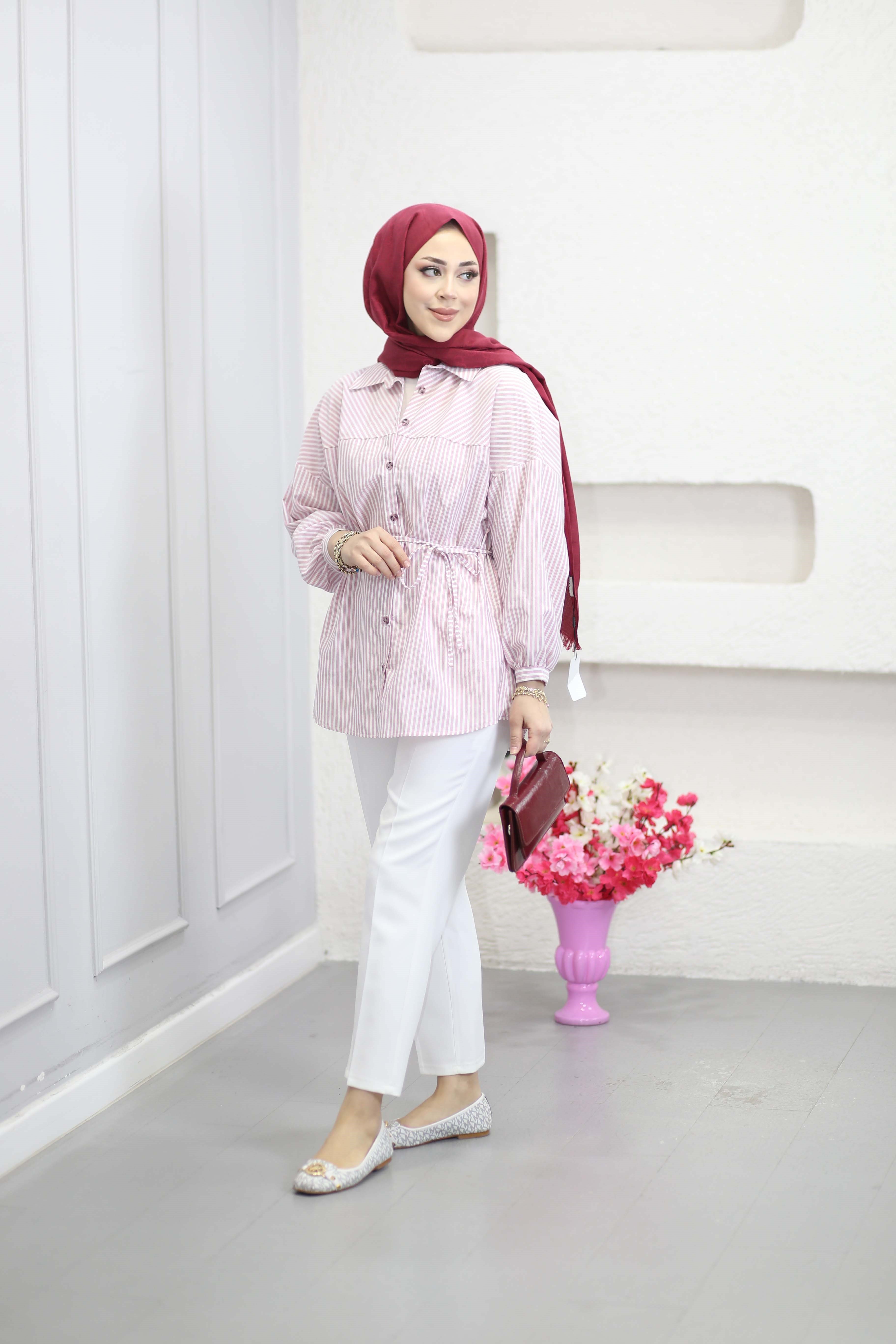 Kuşaklı Oversize Basıc Gömlek Pembe 6446