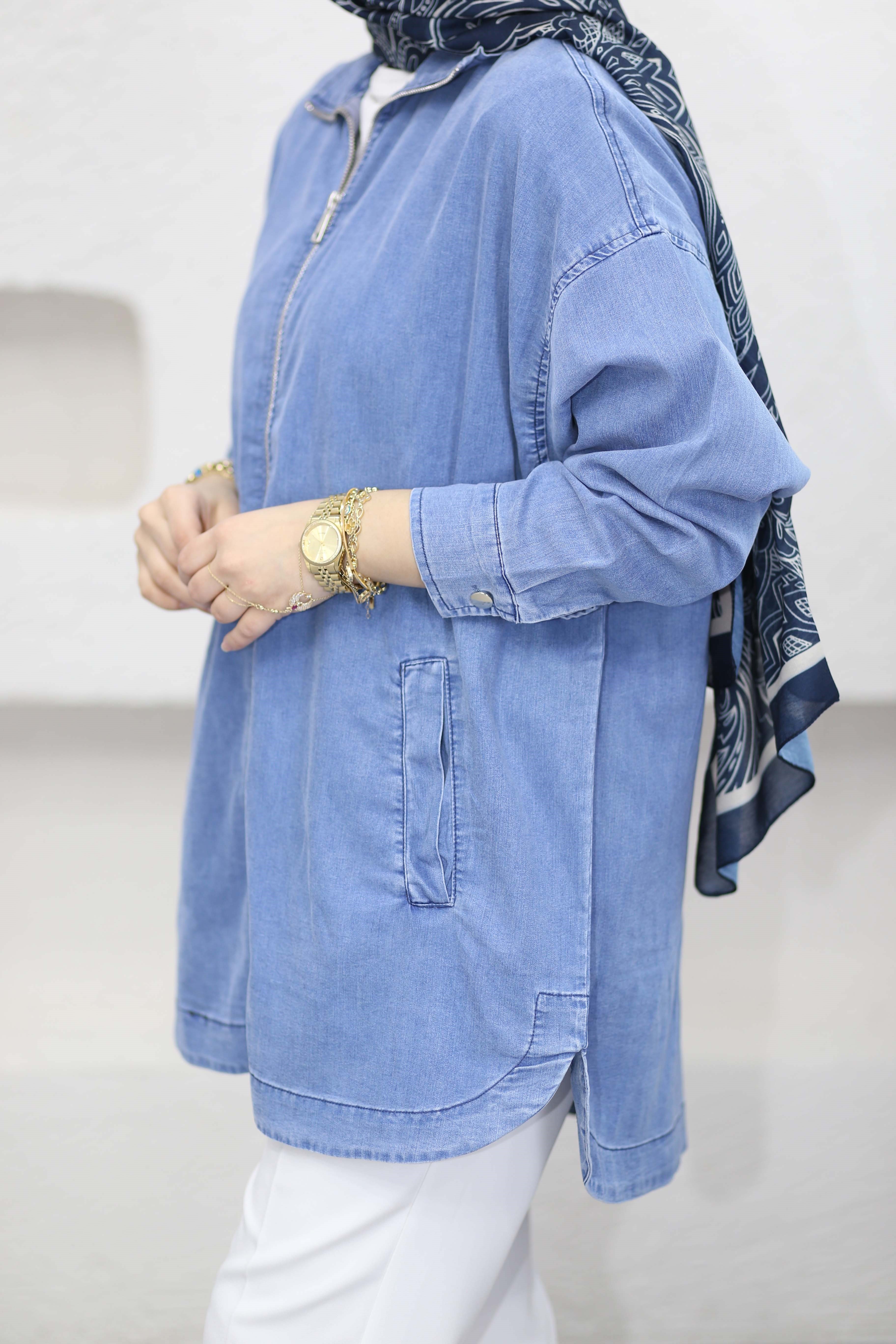 Fermuarlı Tencel Gömlek Açık Mavi 5647