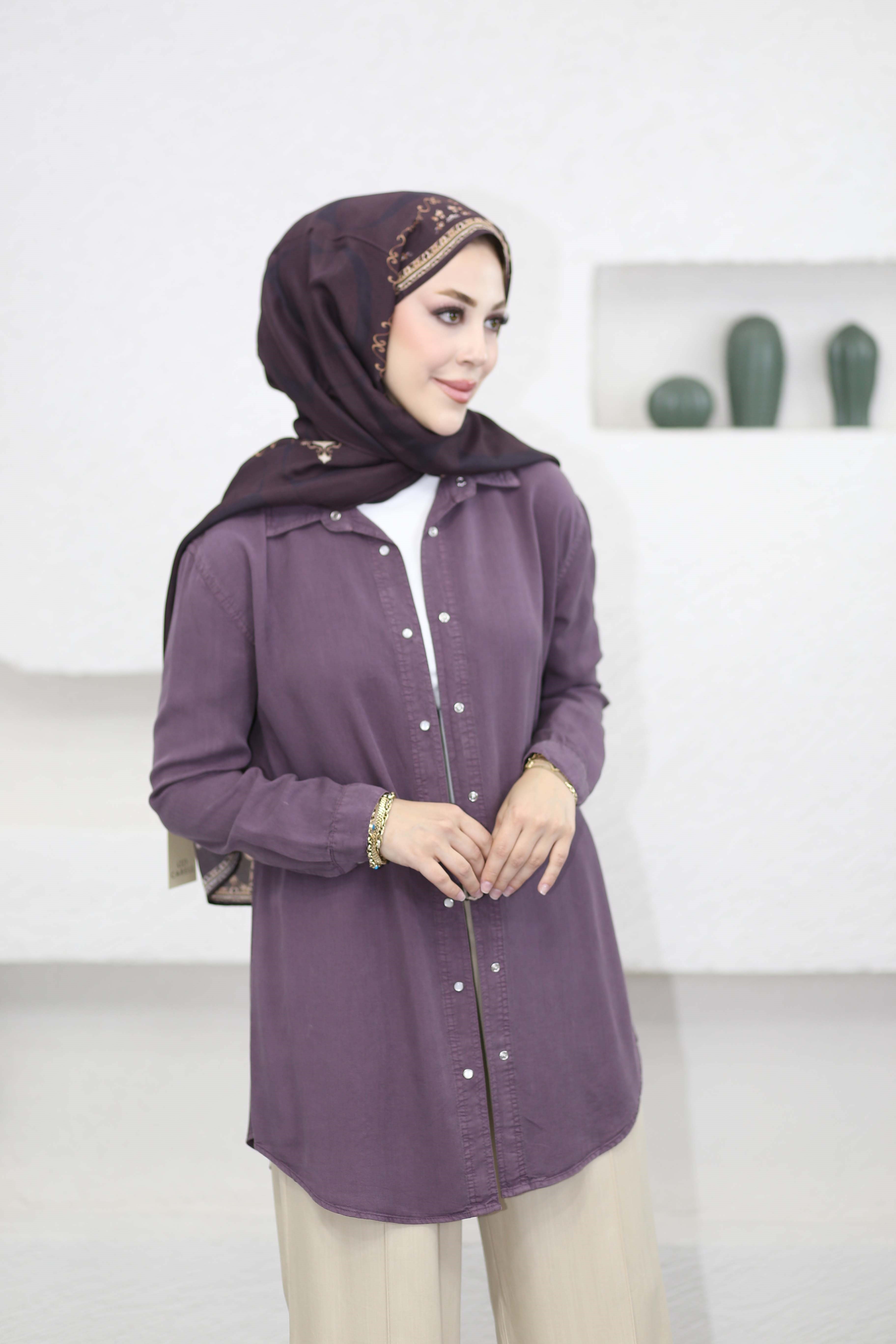 Çıtçıtlı Tencel Gömlek Mor 7546