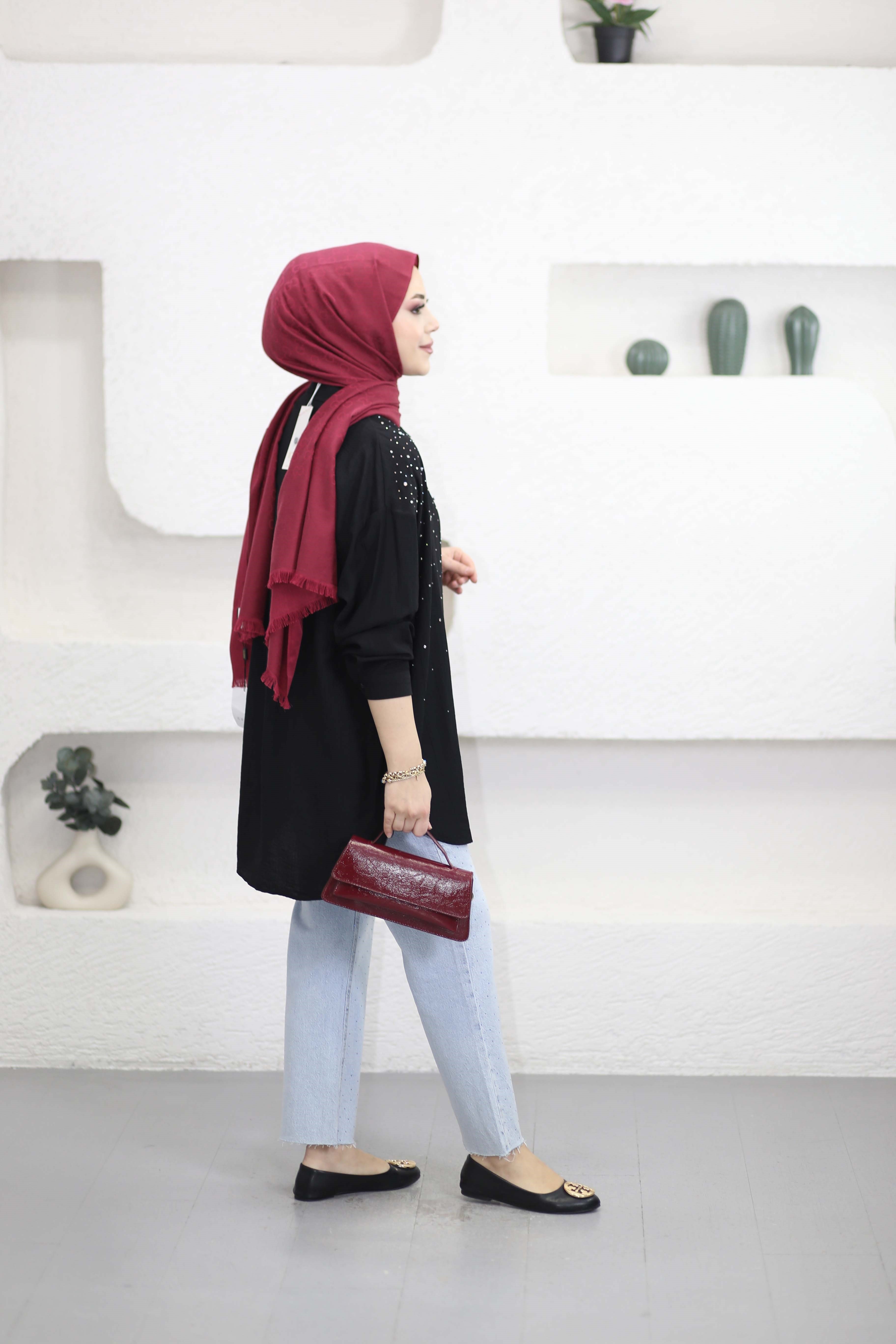 Taşlı Oversize Gömlek Siyah 34818