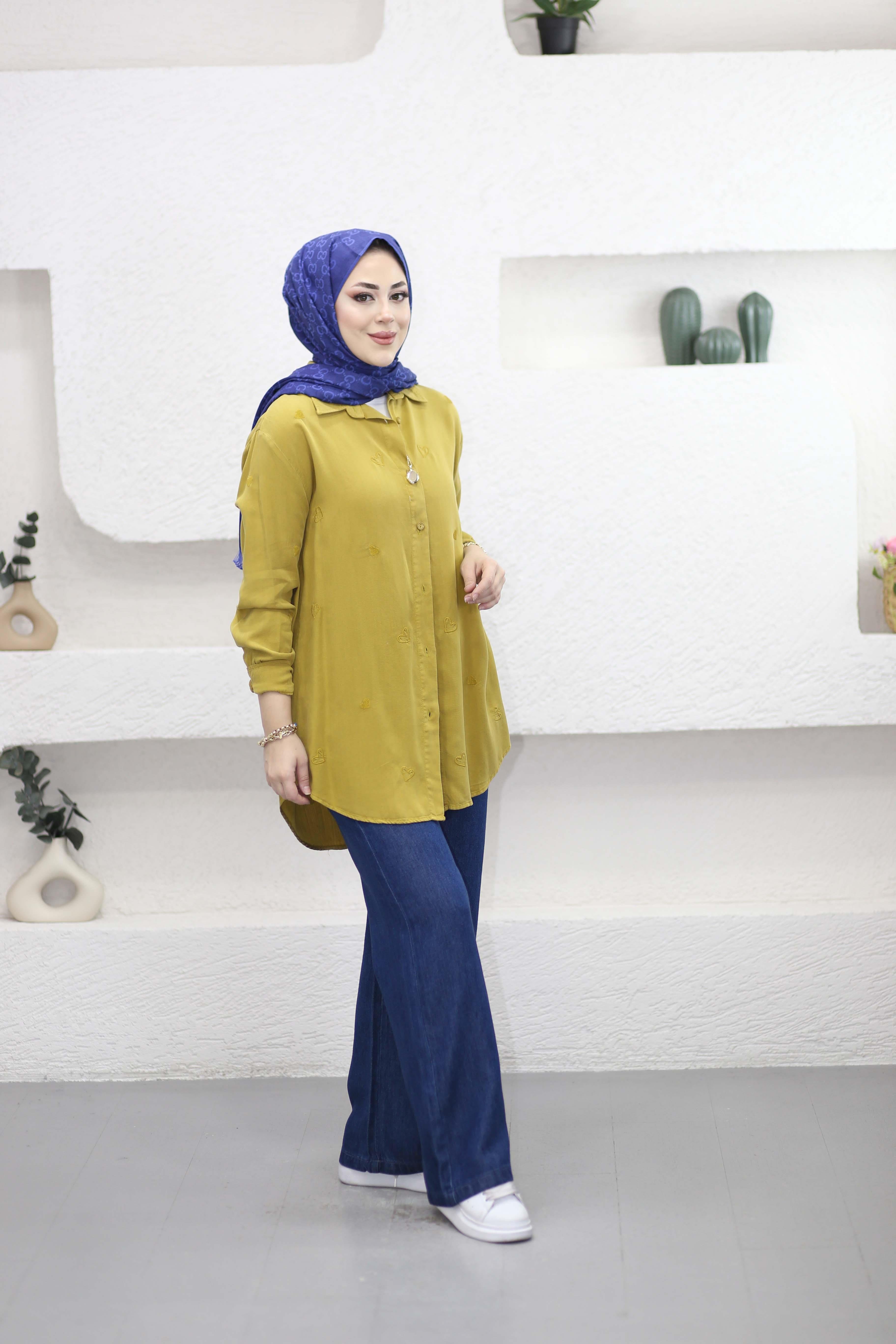 Mini Kalpli Tencel Gömlek Yağ Yeşili 7463