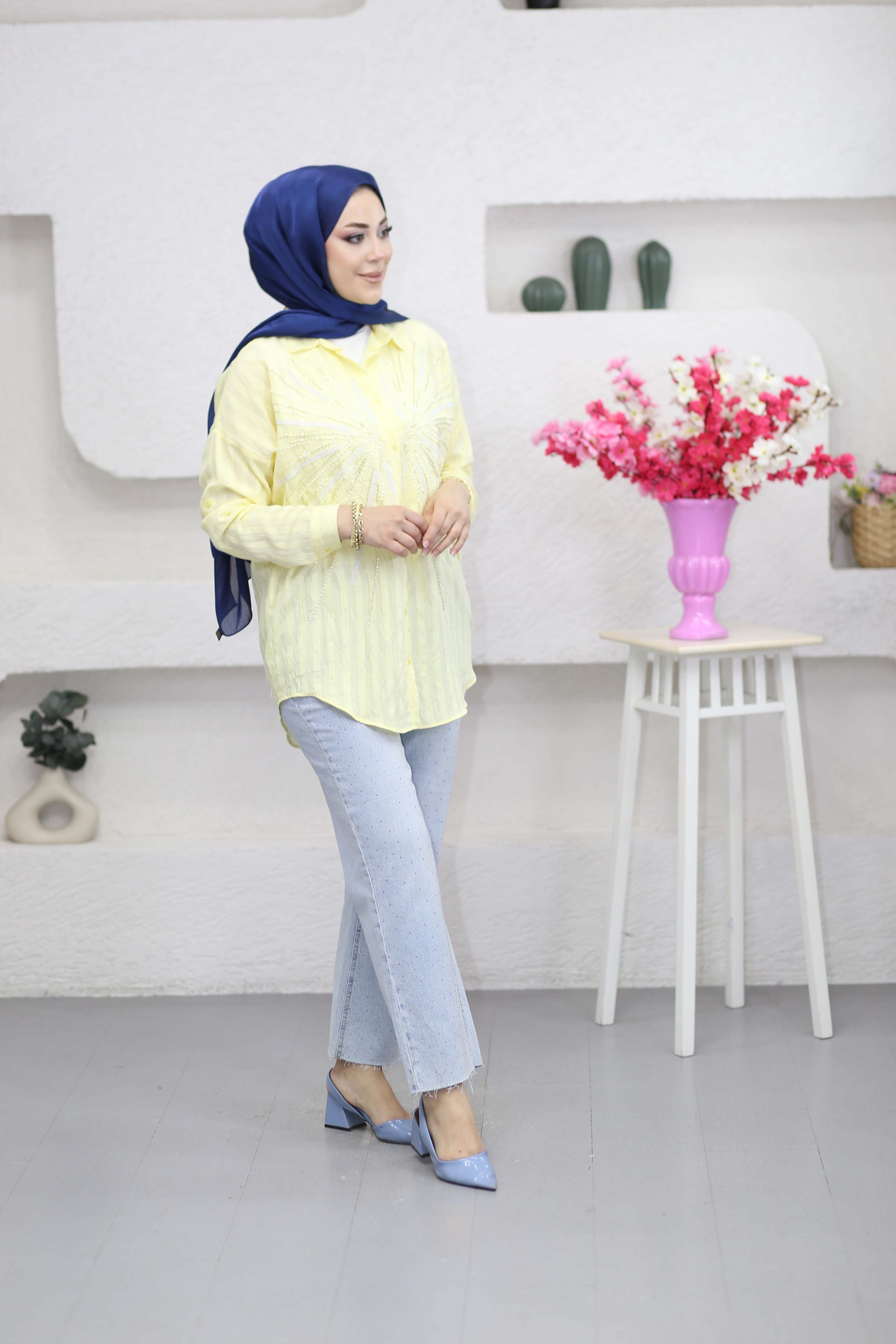 Mery Nakışlı Gömlek Sarı 5202