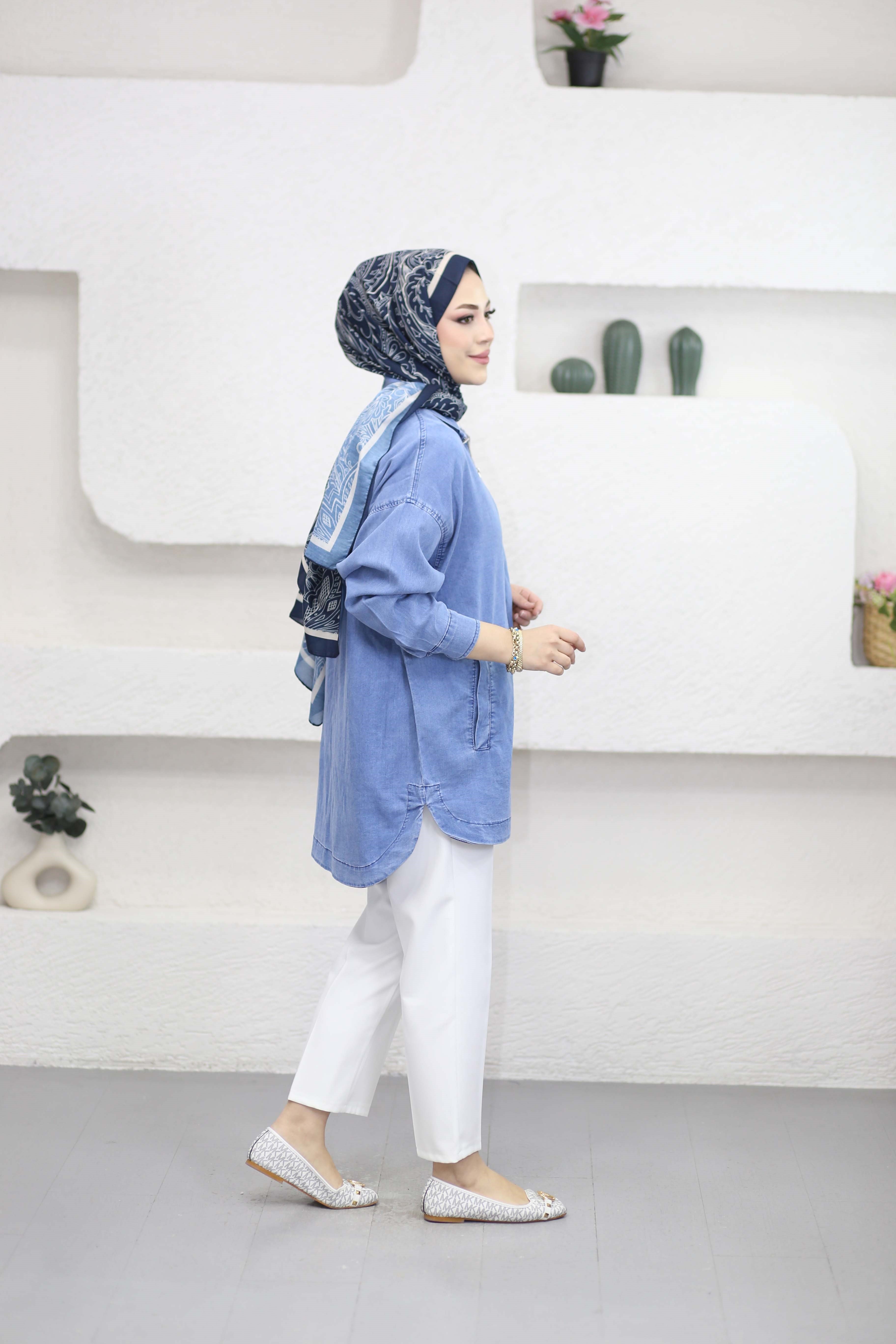 Fermuarlı Tencel Gömlek Açık Mavi 5647