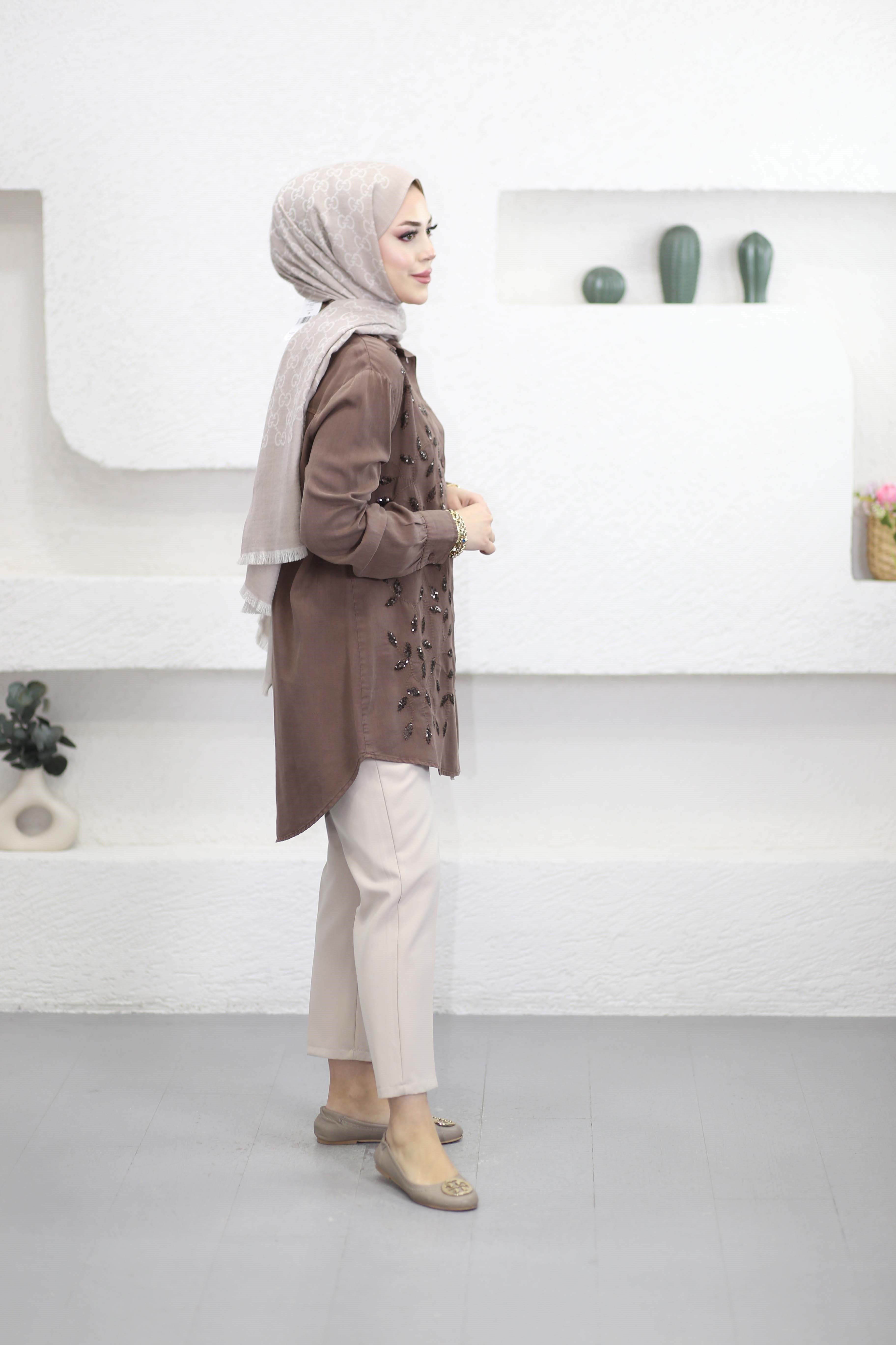 Yaprak İşlemeli Tencel Gömlek Kahverengi 7504