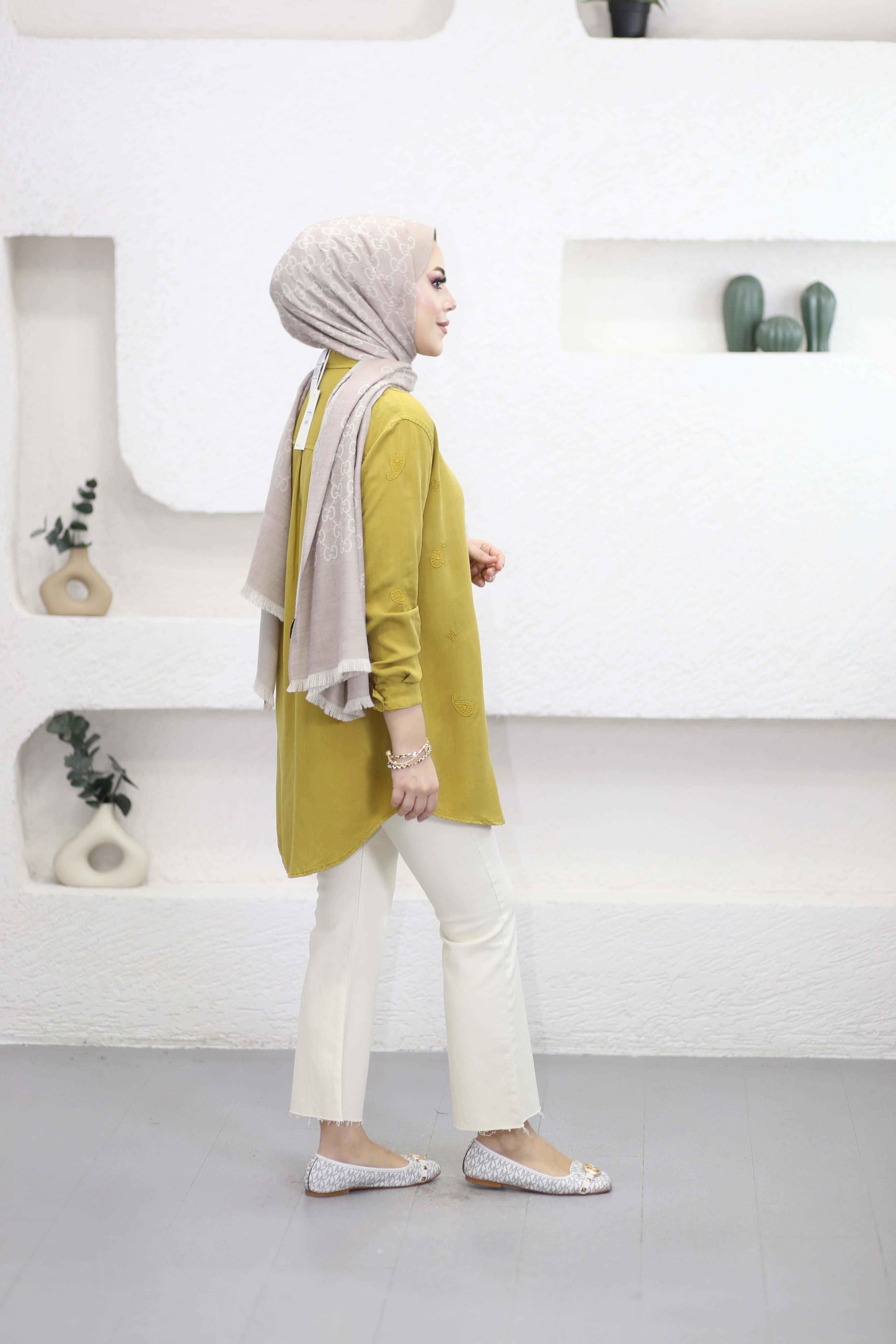 Mini Çiçek Tencel Gömlek Yağ Yeşili 7425