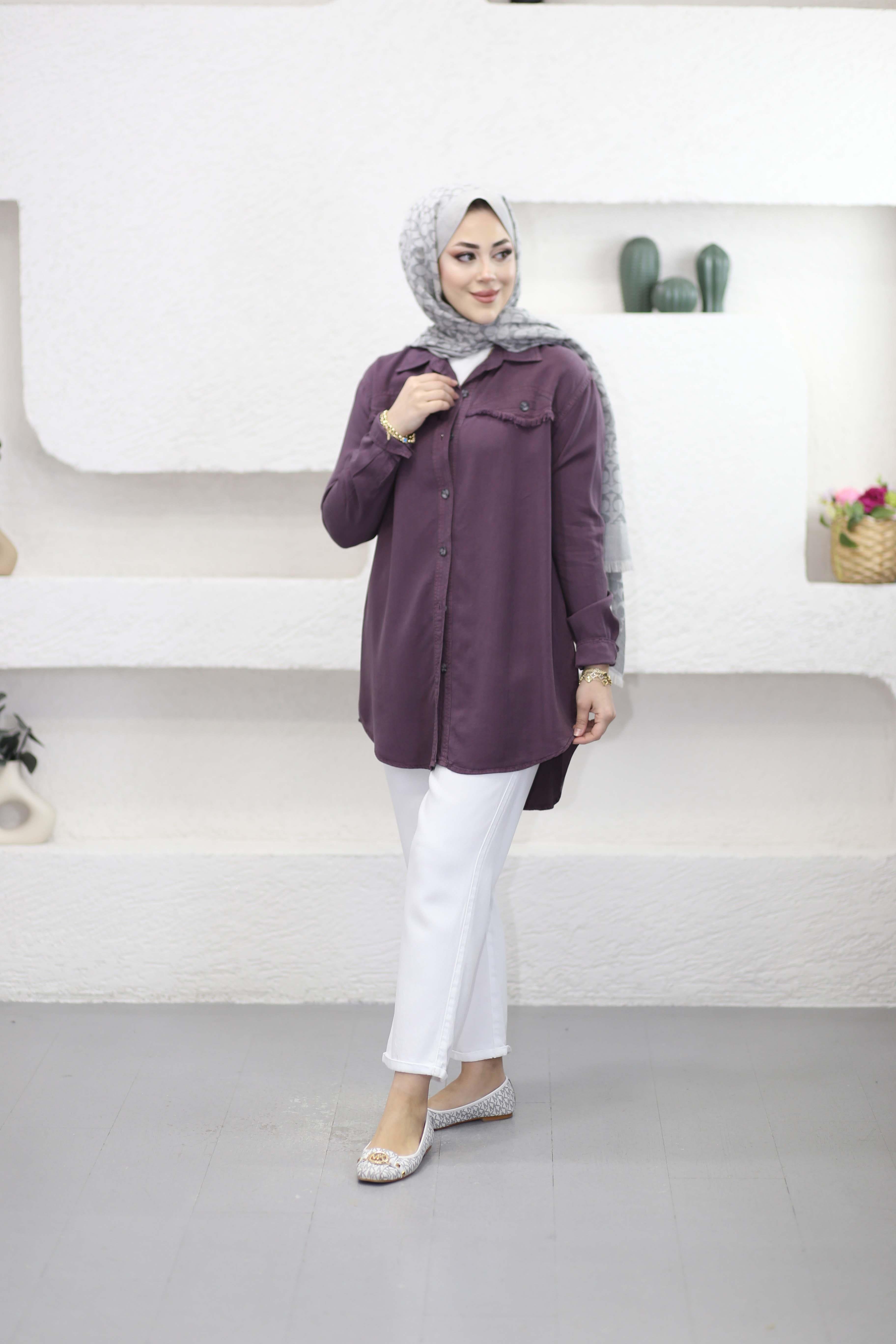 Düğmeli Tencel Gömlek Mürdüm 7484