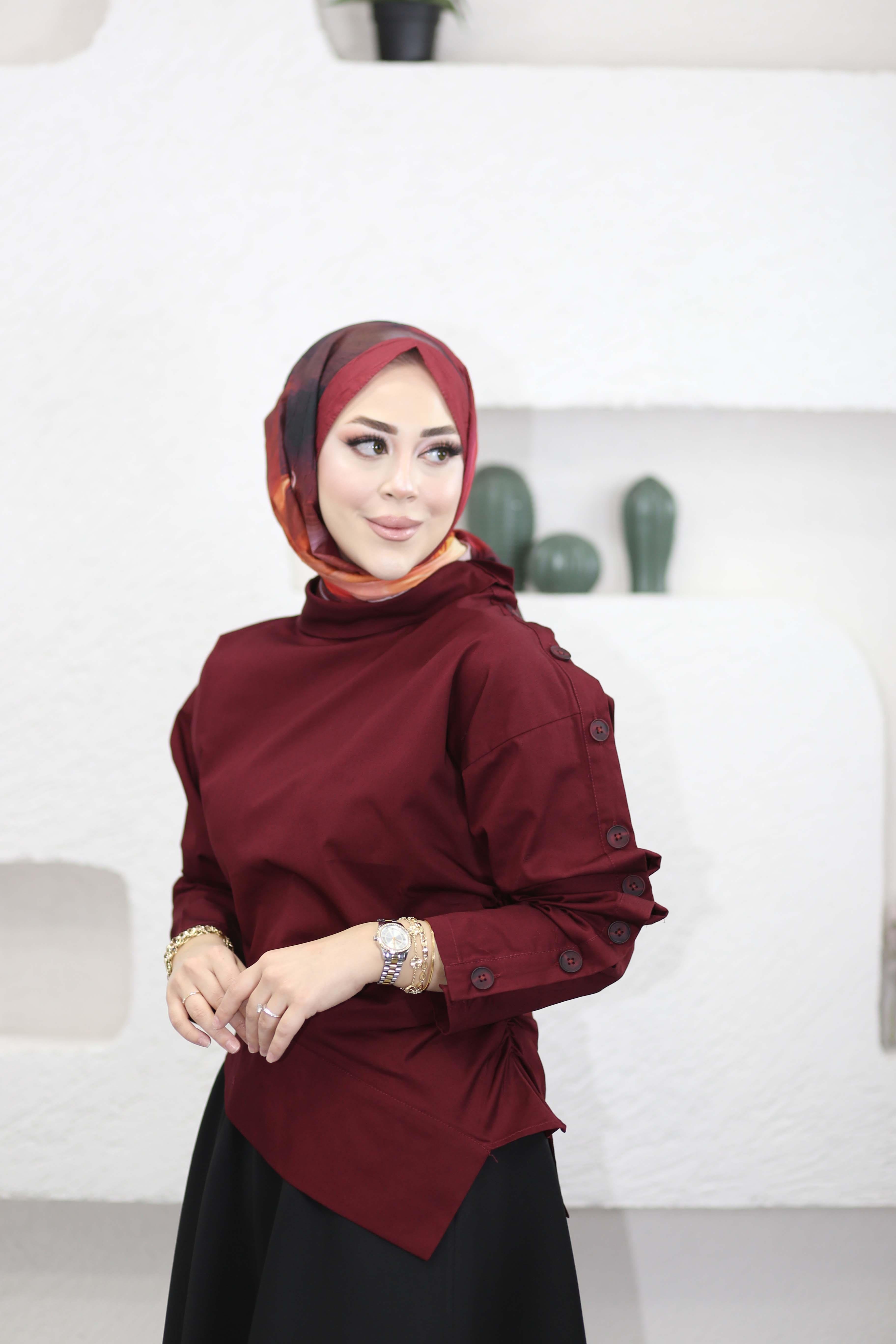 Düğme Detaylı Asimetrik Gömlek Bordo 26024