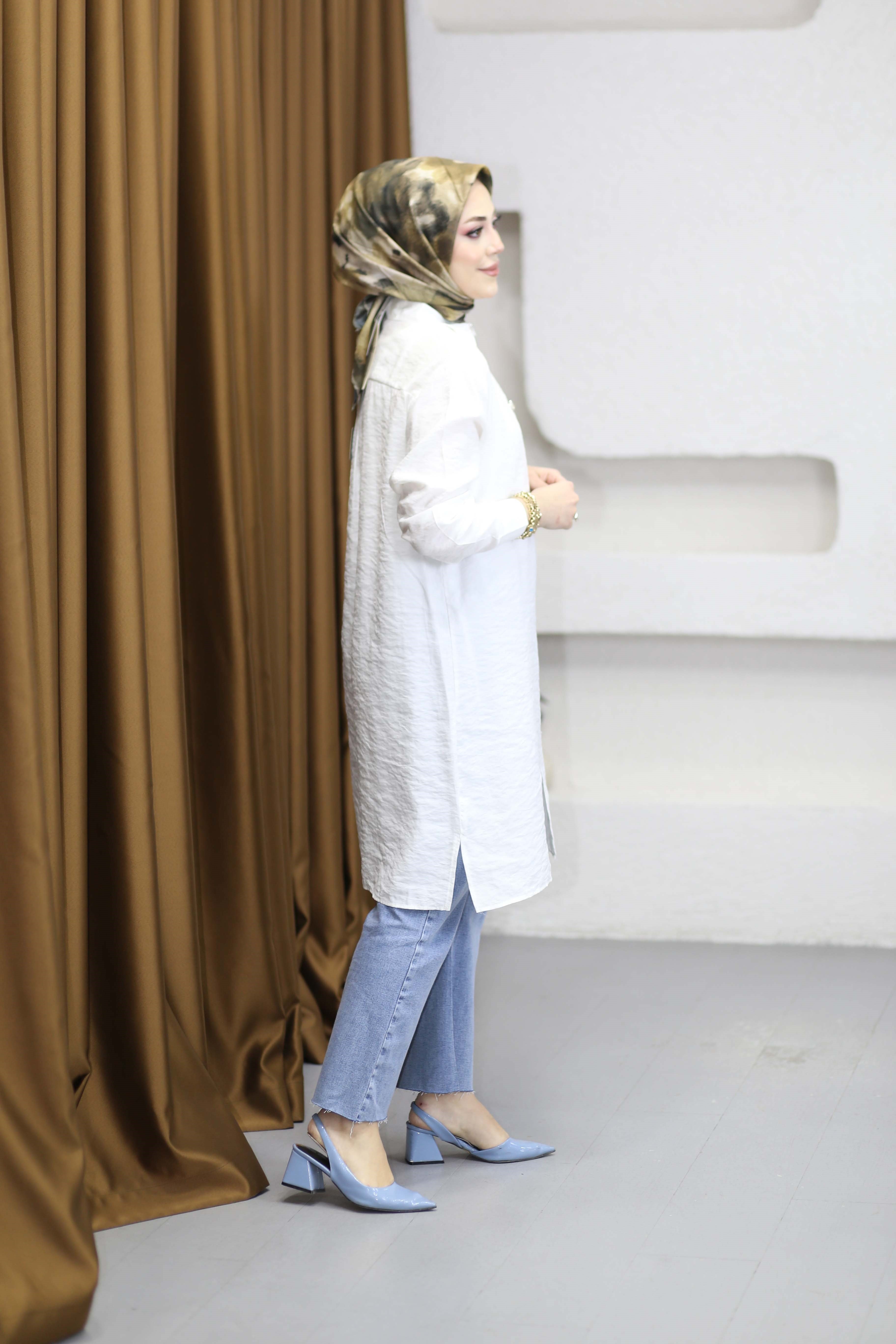 Şeritli Stil Uzun Gömlek Beyaz 260148