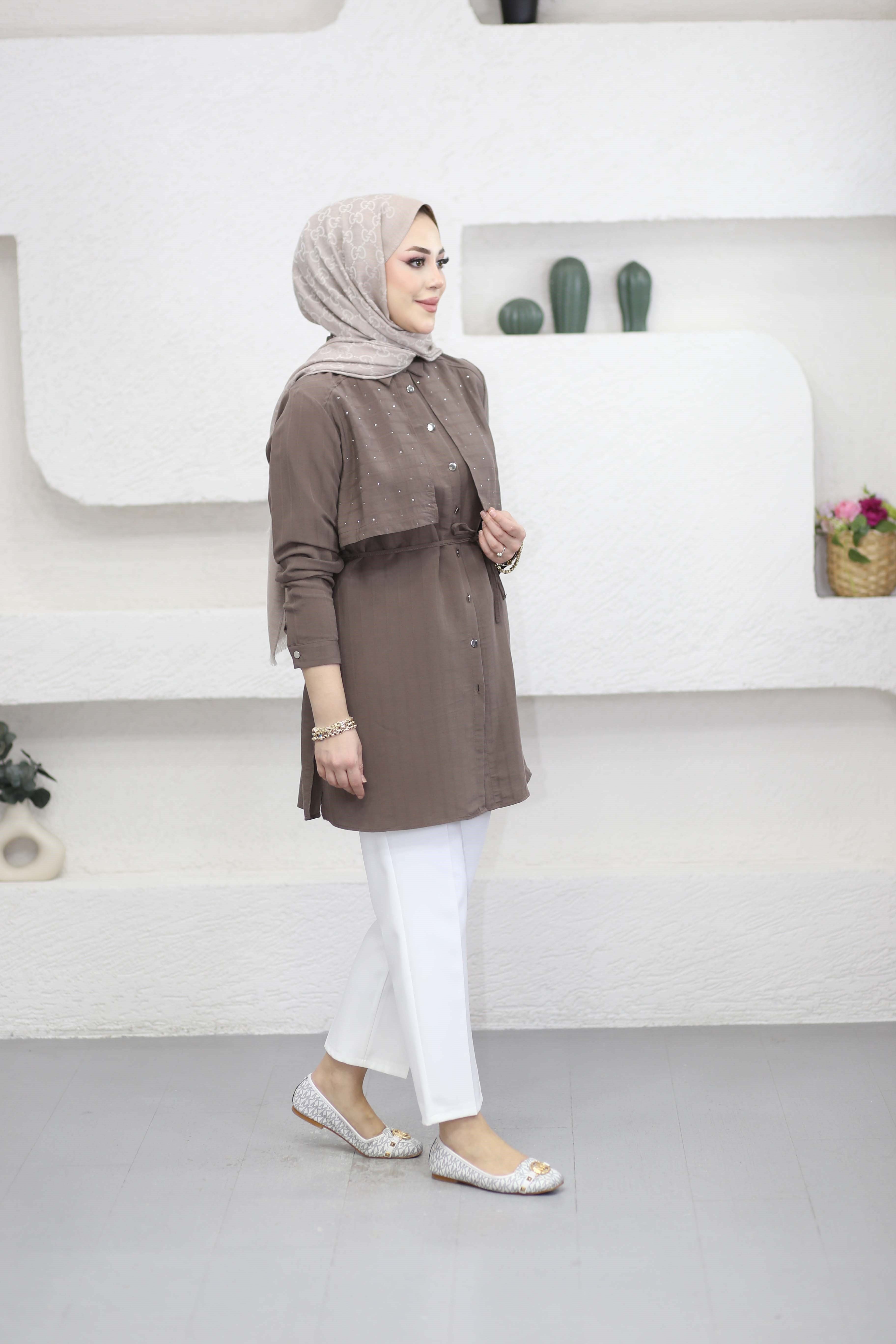 Allerli Taşlı Napoli Tunik Kahverengi 2138