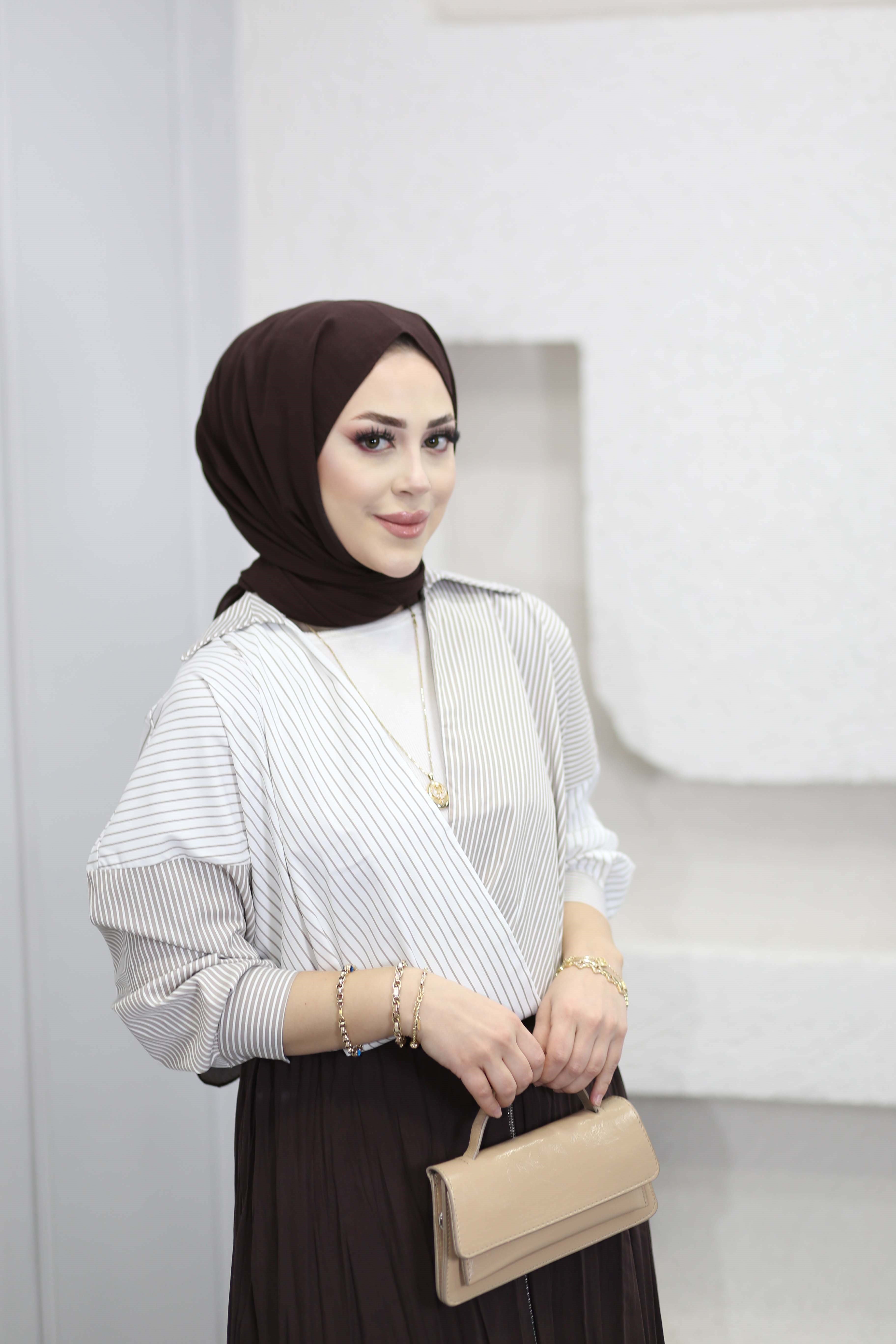 Çizgili Patchwork Gömlek Sütlü Kahve 3132