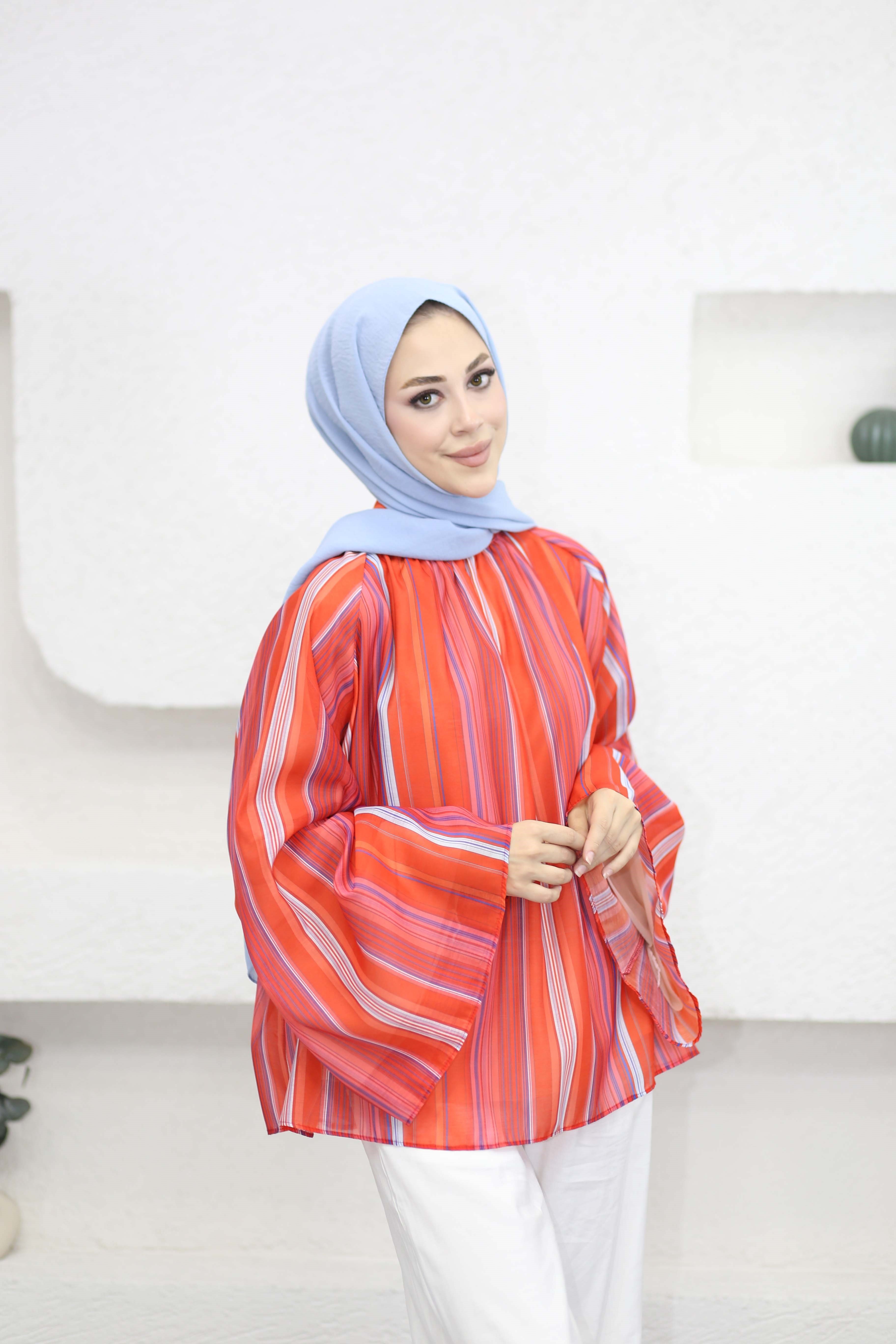 Çizgili Emprime Bluz Kırmızı 2798