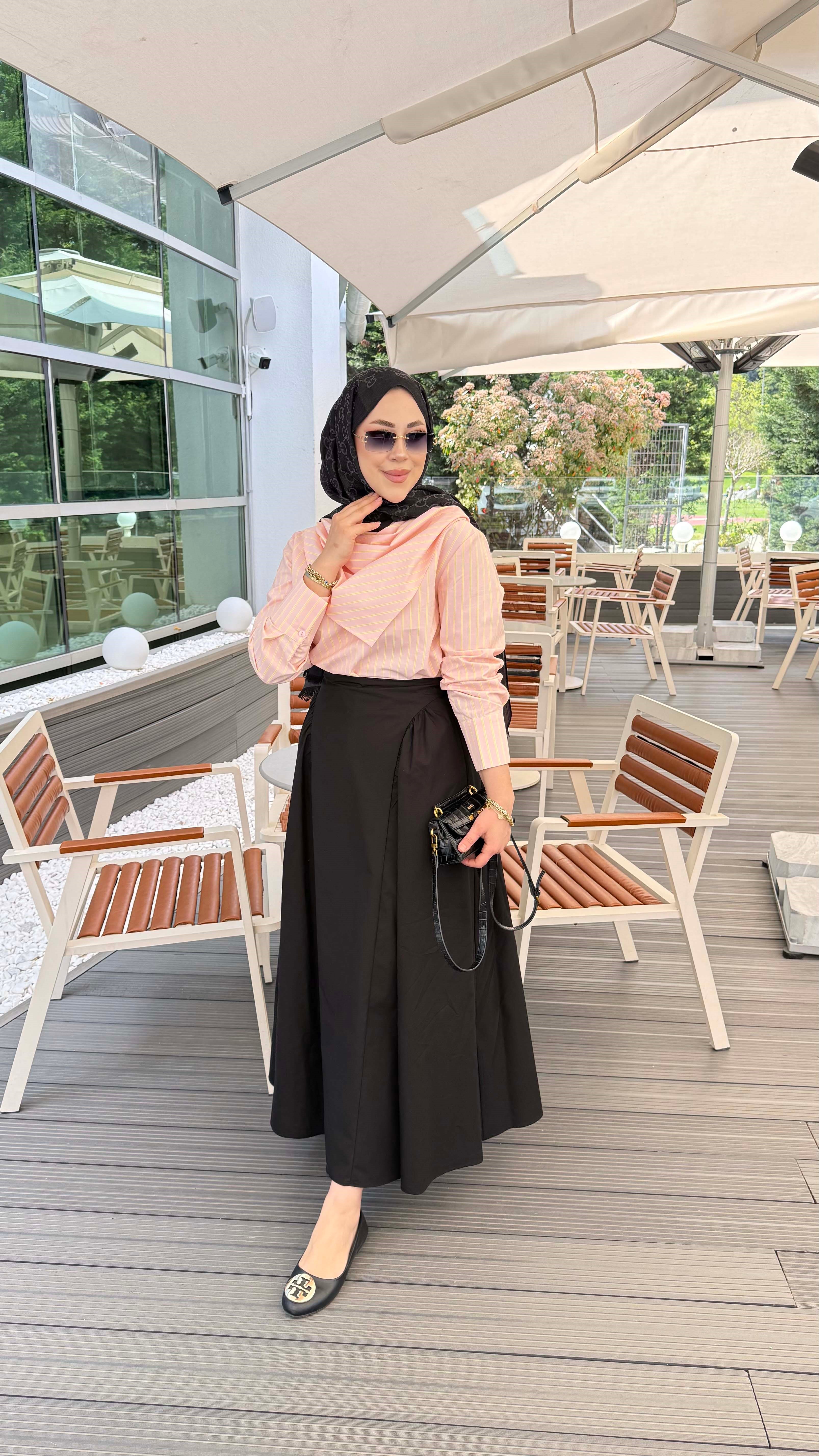 Yaka Fularlı Çizgili Tunik Pudra 26128