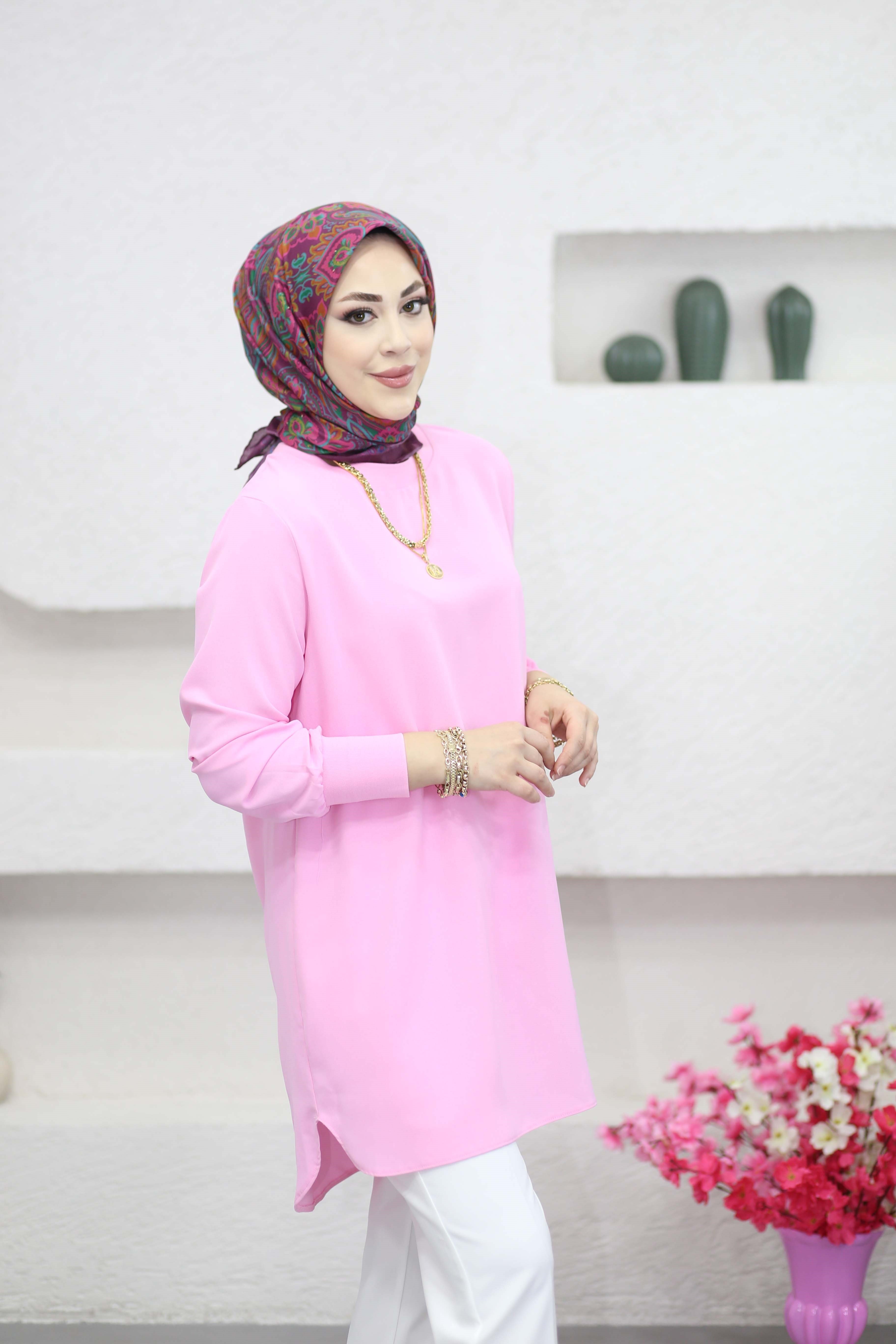 Basıc Krep Tunik Şeker Pembe 4401