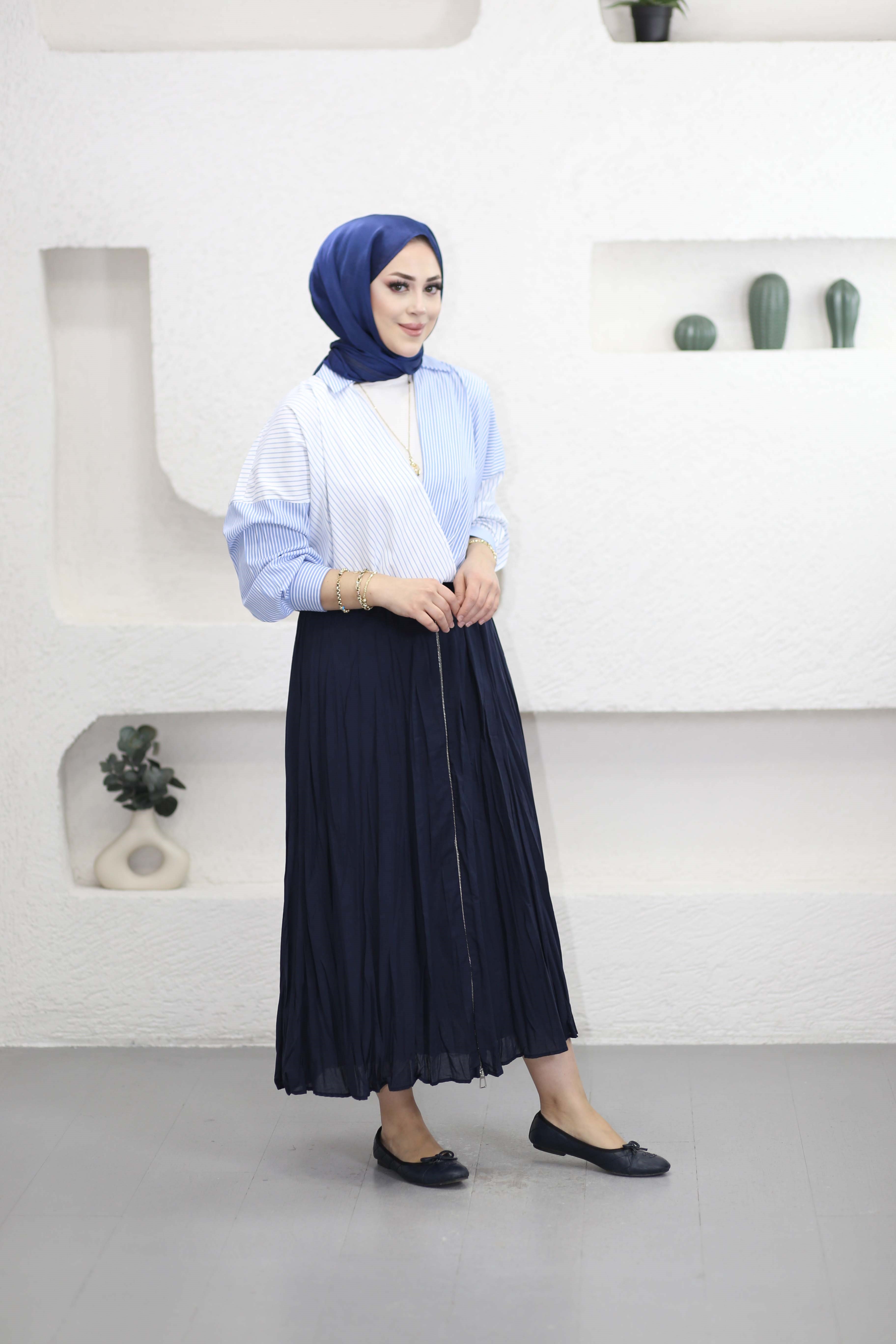 Çizgili Patchwork Gömlek Mavi 3132