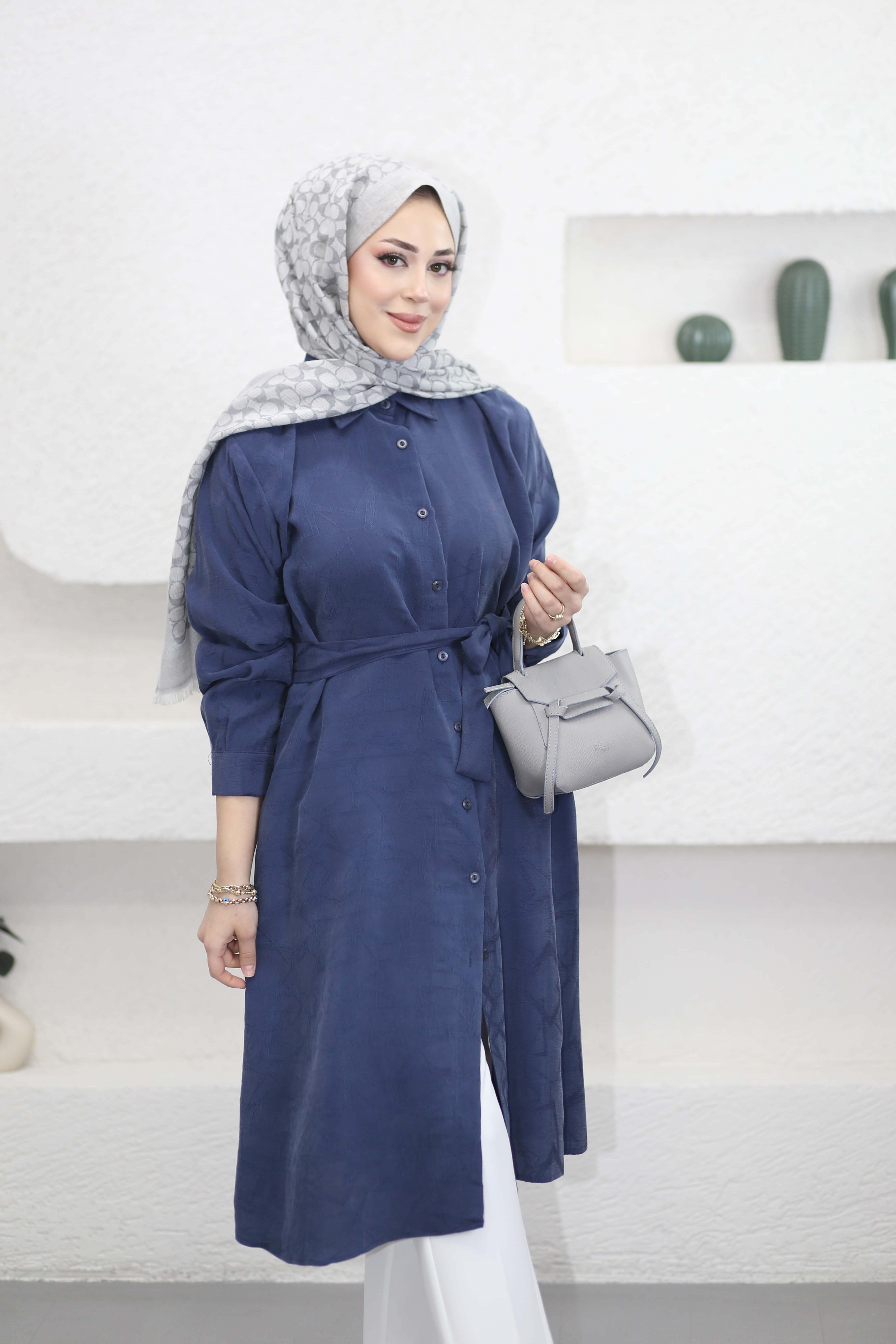 Kendinden Desenli Araboy Tunik Lacivert 4657