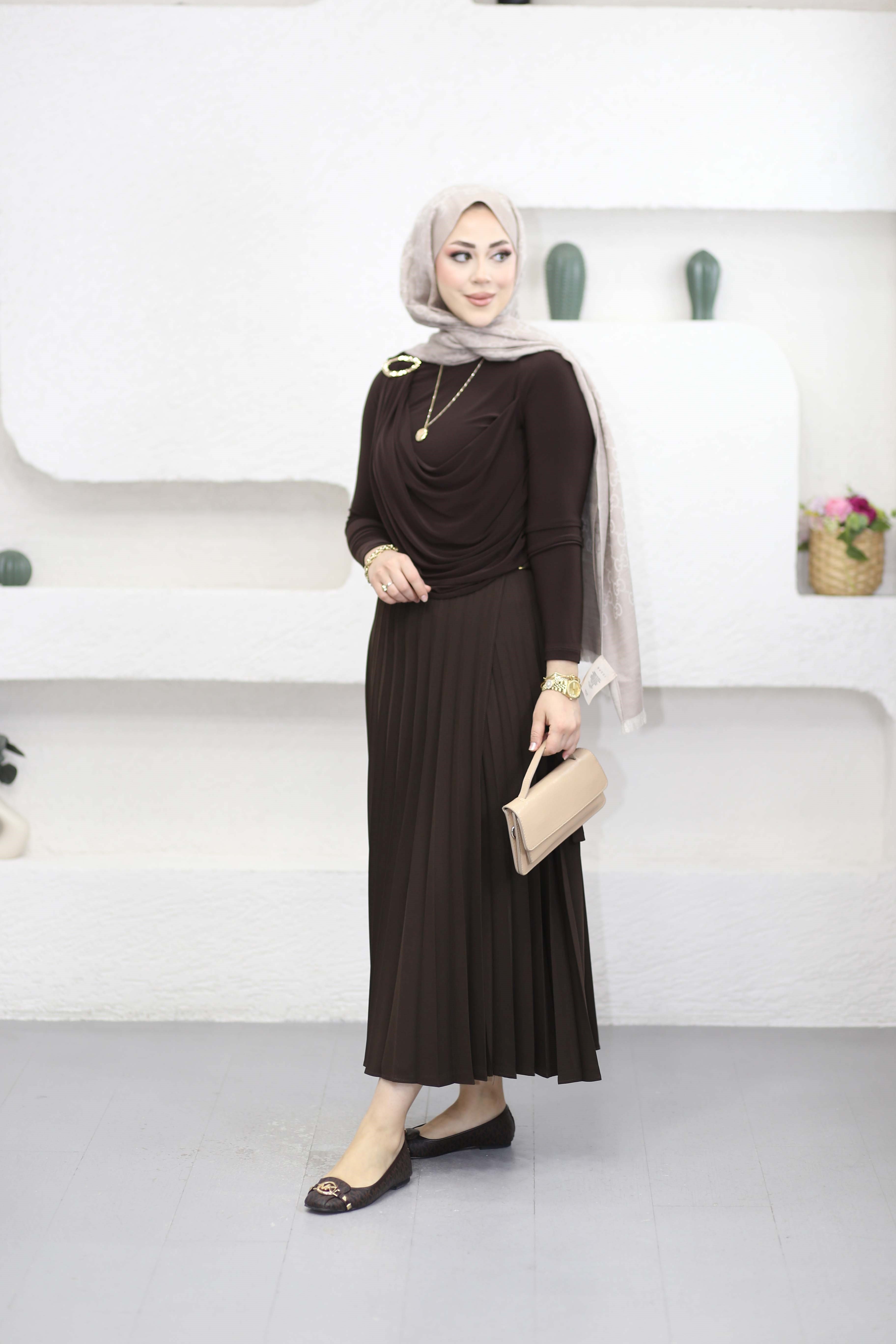 Şal Detaylı Sandy Bluz Kahverengi 9070
