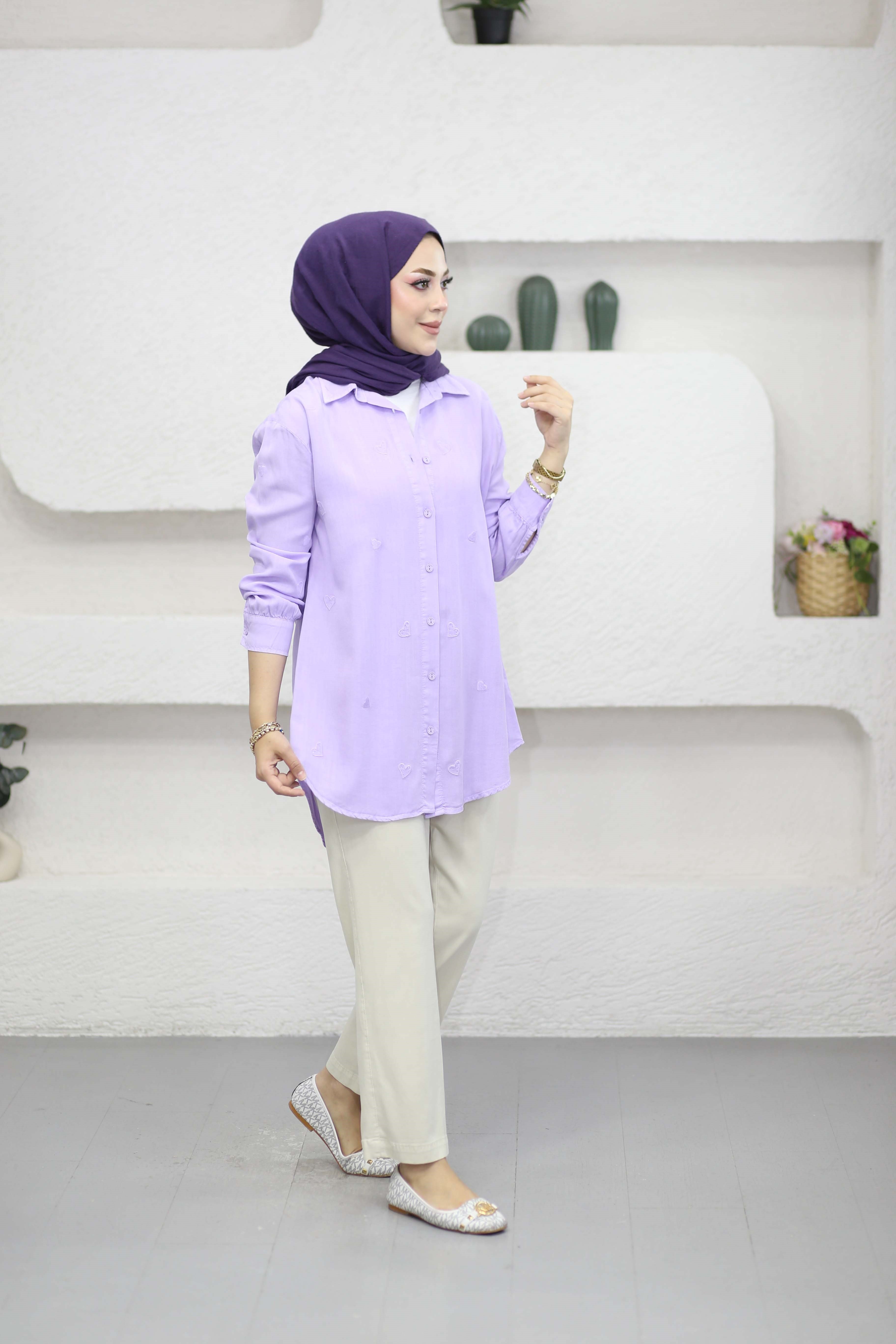 Mini Kalpli Tencel Gömlek Lila 7463