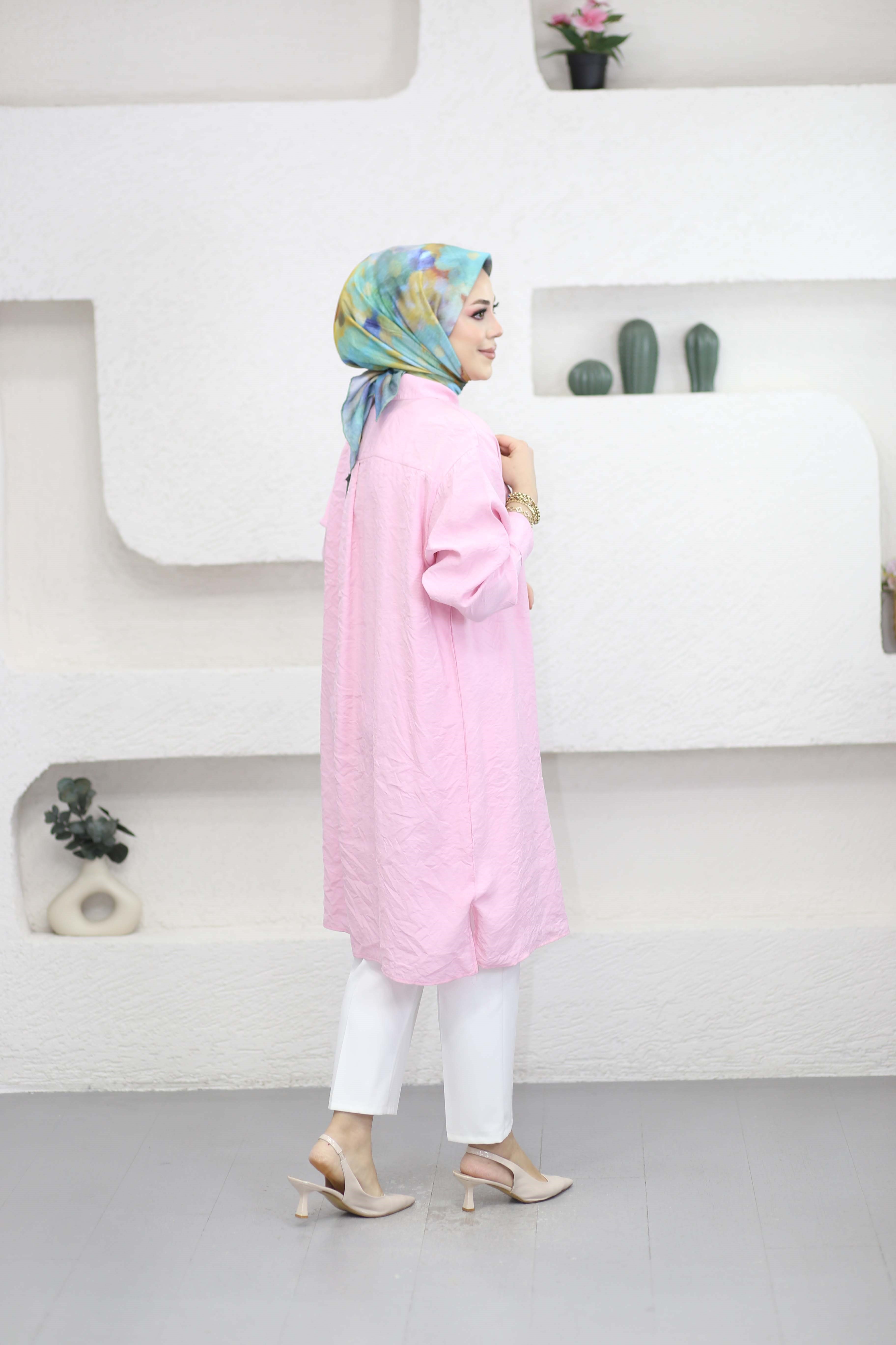 Şeritli Stil Uzun Gömlek Pembe 260148