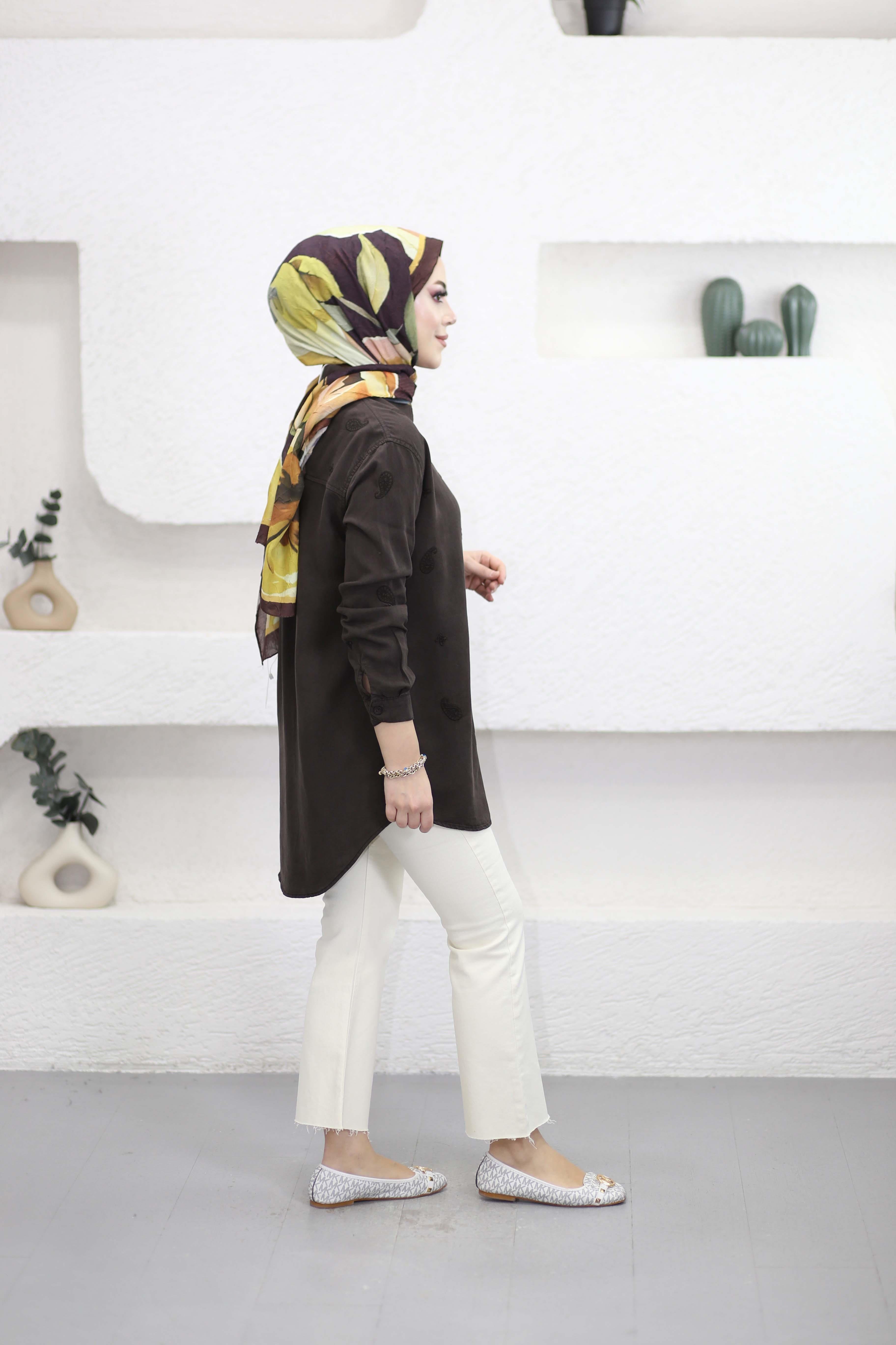 Mini Çiçek Tencel Gömlek Kahverengi 7425