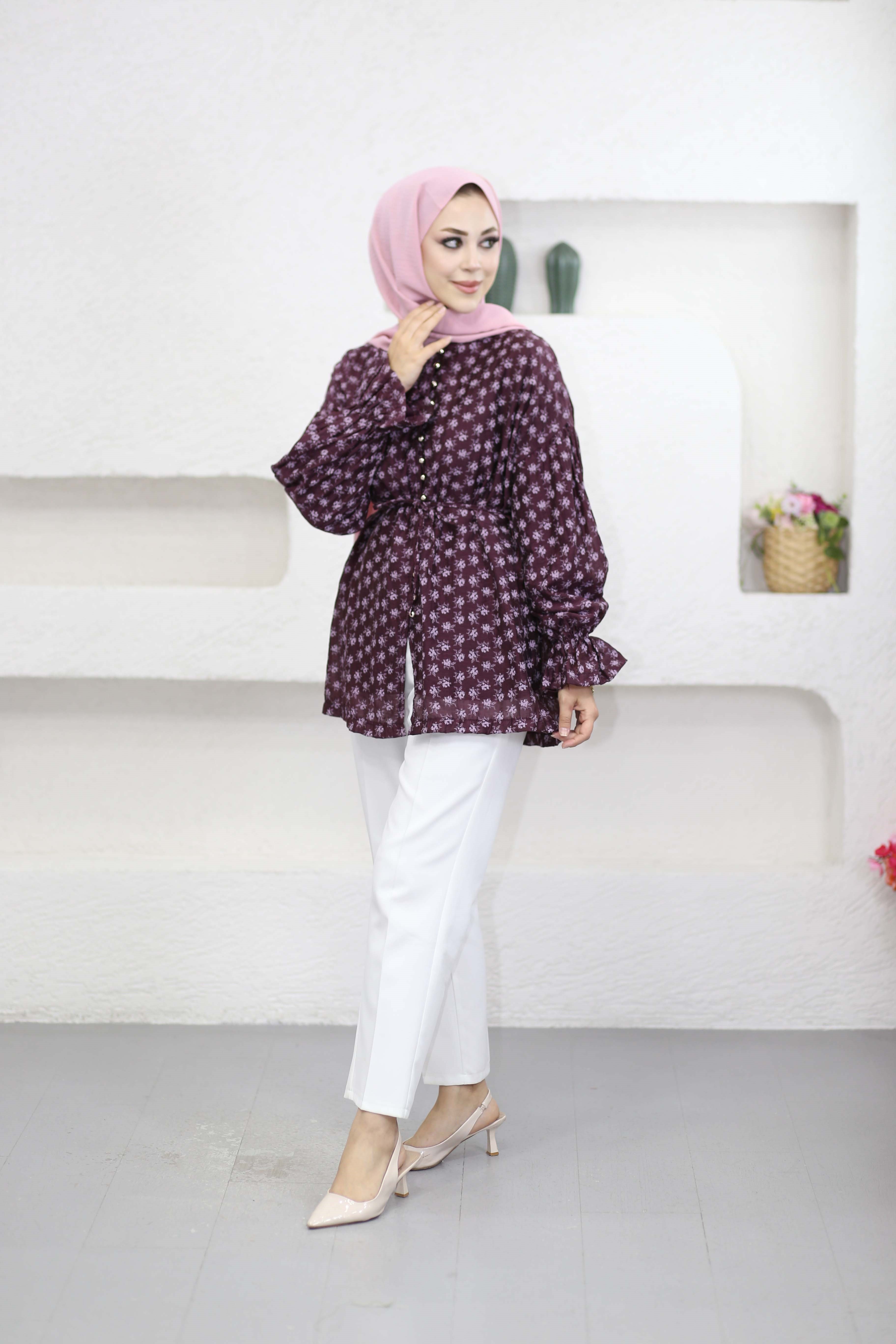 Mini Çiçekli Gömlek Bordo 24425