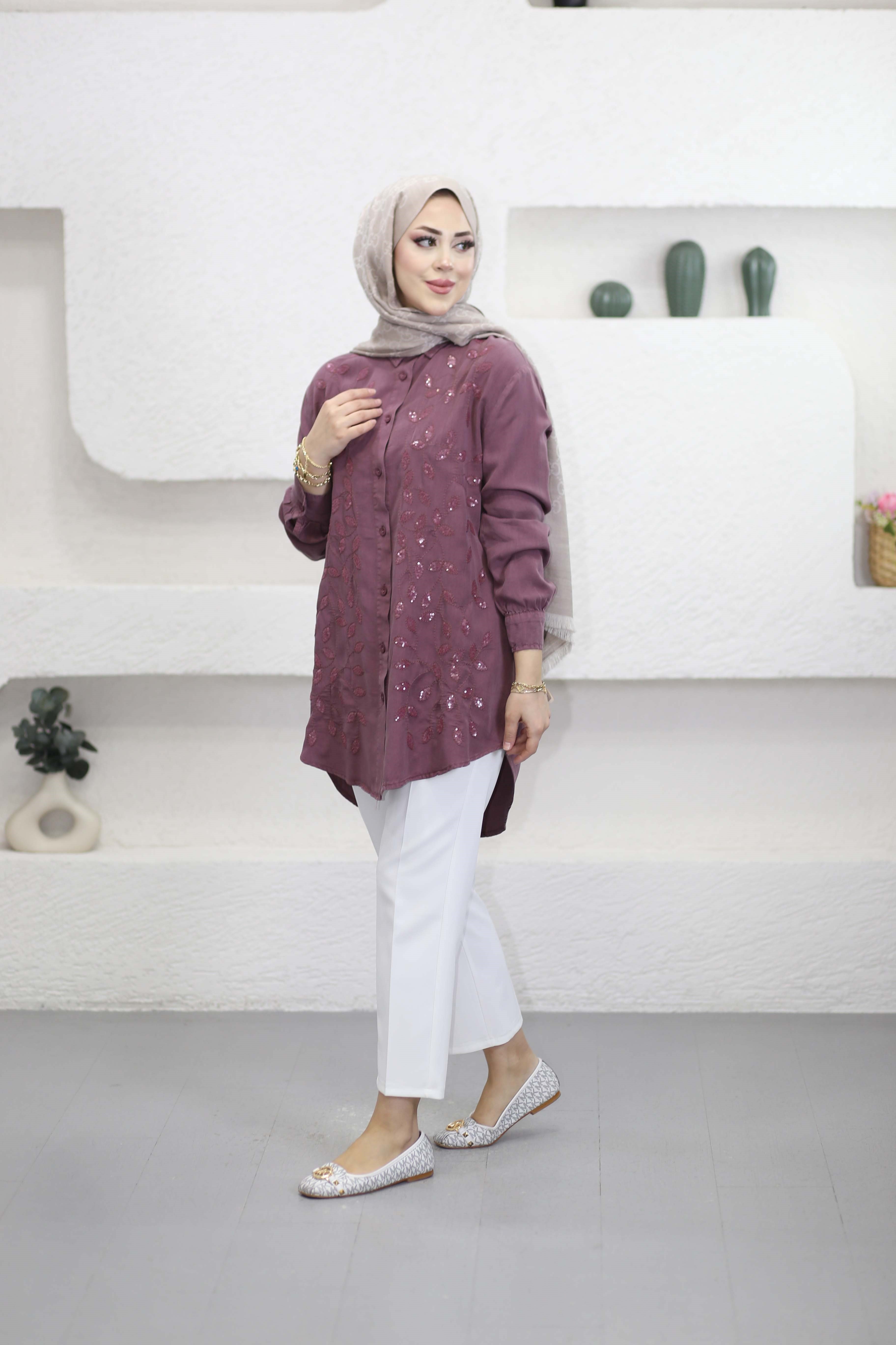 Yaprak İşlemeli Tencel Gömlek Gül Kurusu 7504