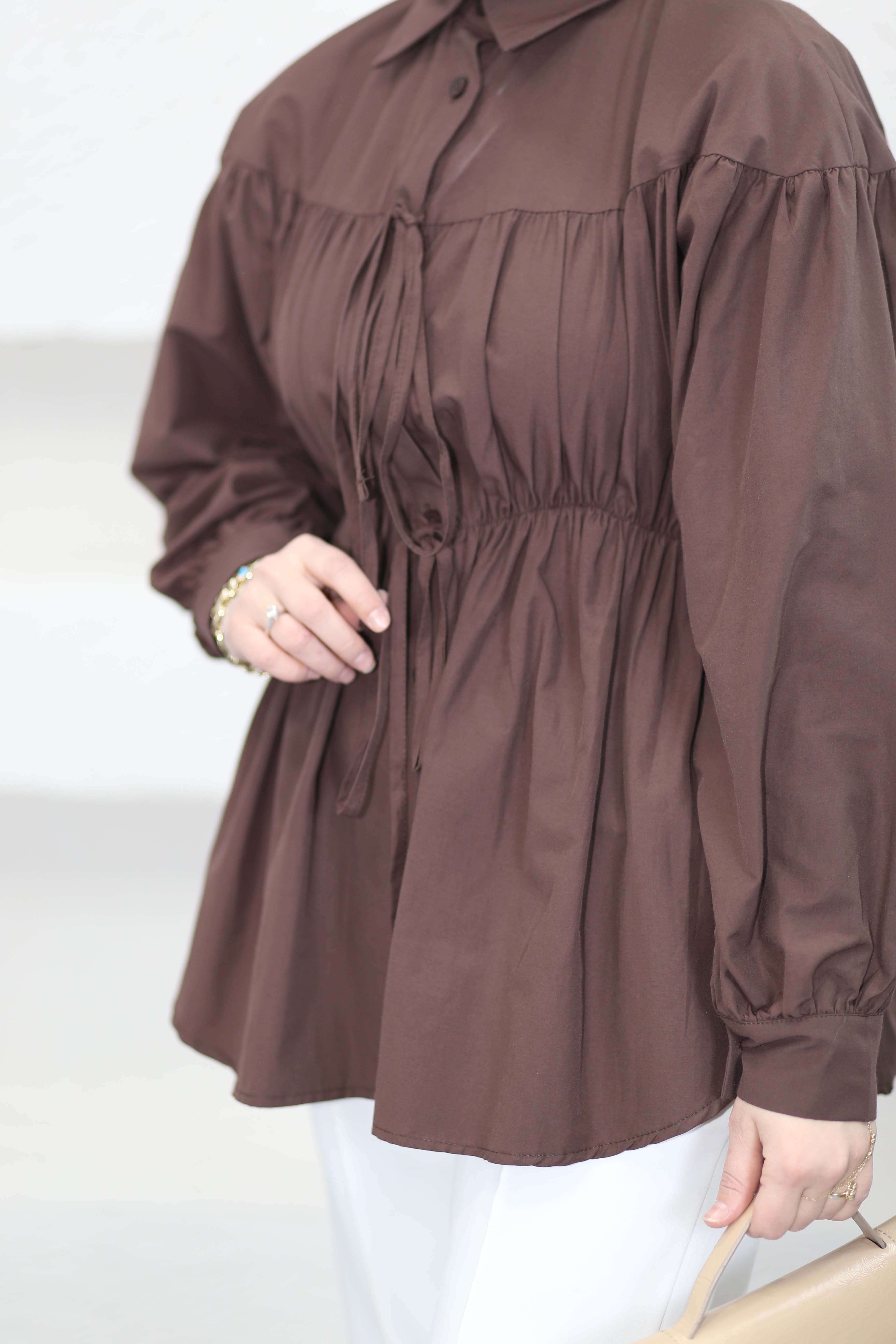 Reglan Kollu Önü Bağcıklı Gömlek Kahverengi 1964