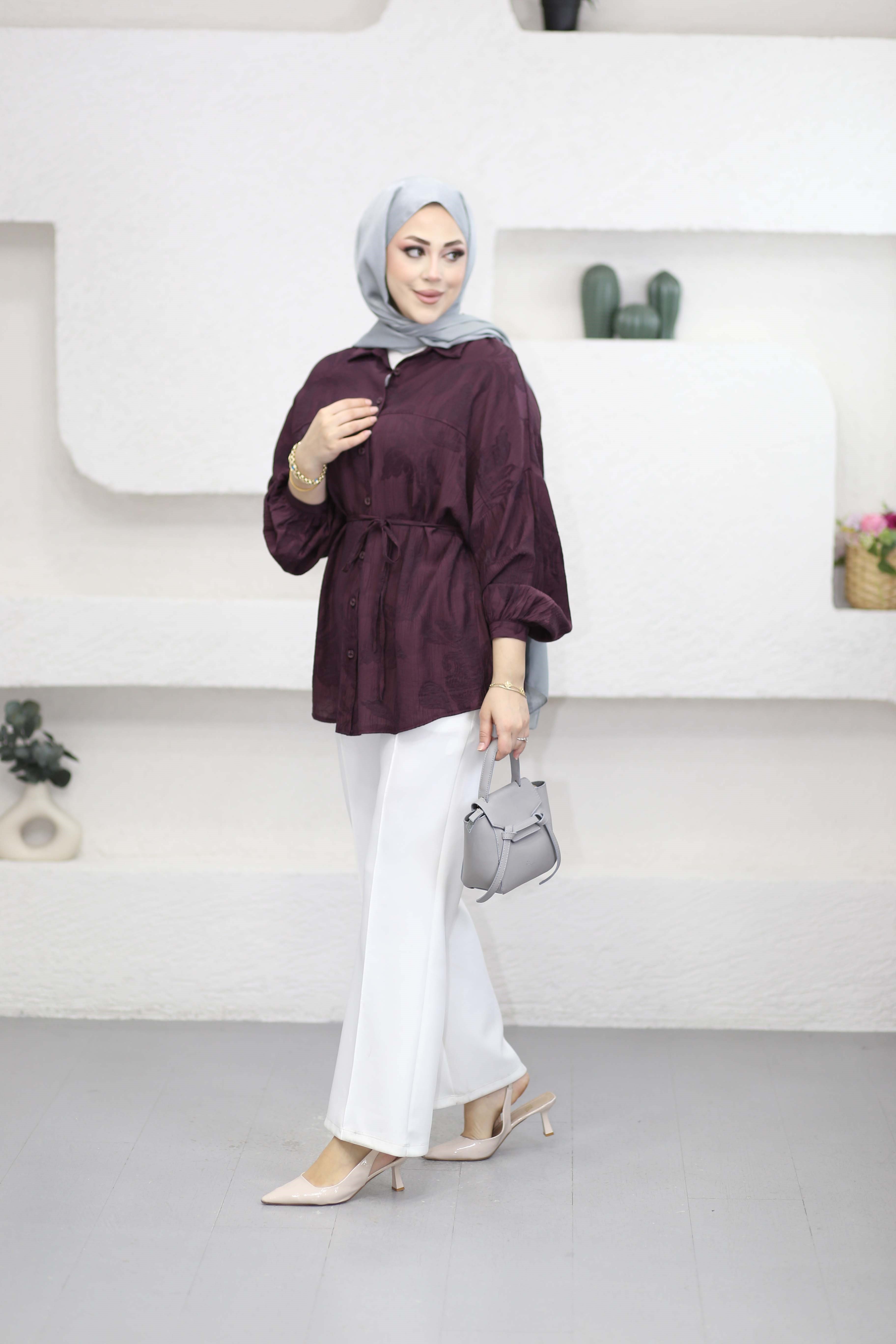 Kendinden Desenli Gömlek Bordo 5822