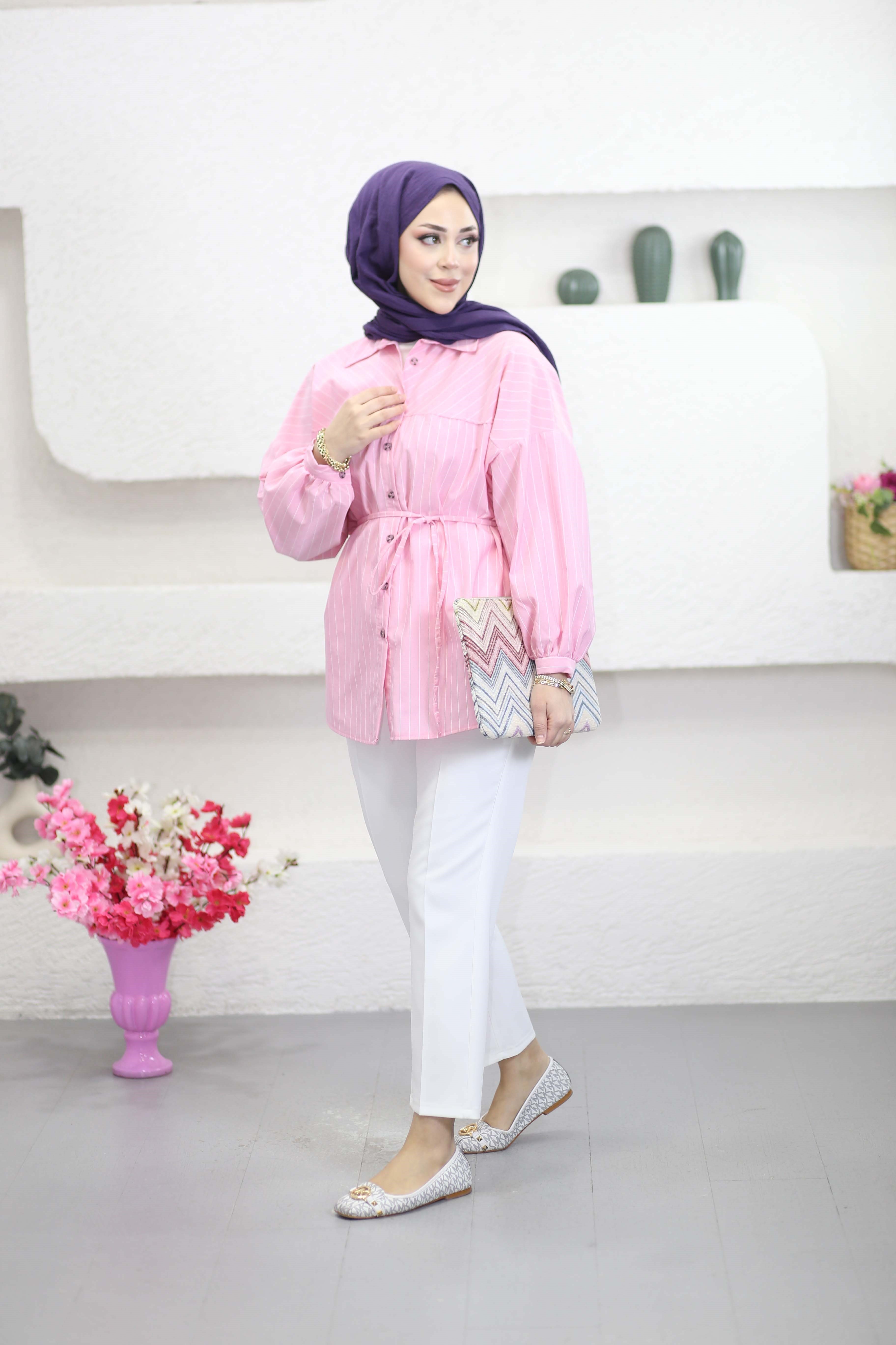 Kuşaklı Oversize Basıc Gömlek Şeker Pembe 6446