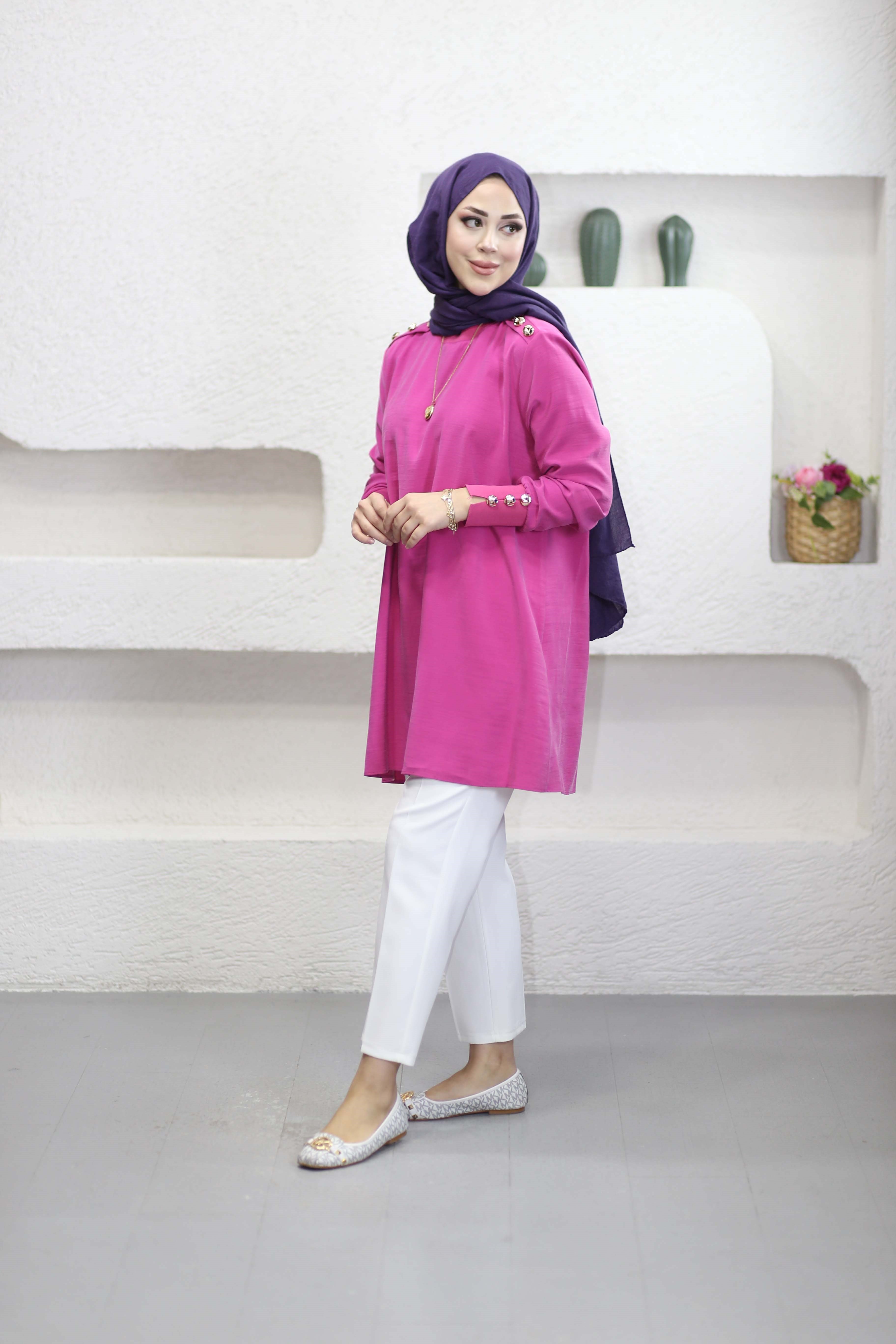 Omuz Aller Detaylı Tunik Pembe 4653