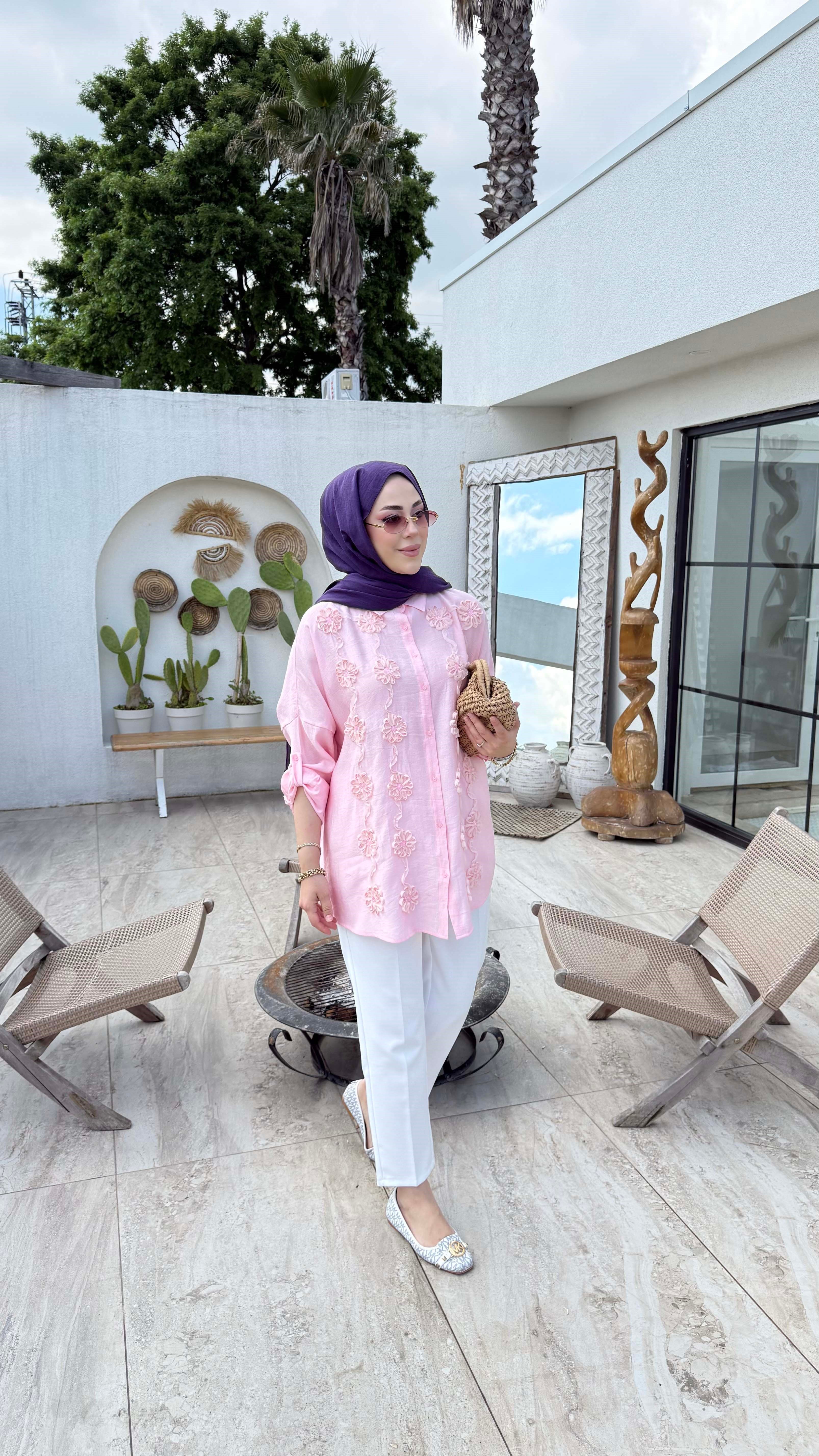 Çiçek Tüllü Gömlek Pembe 5479