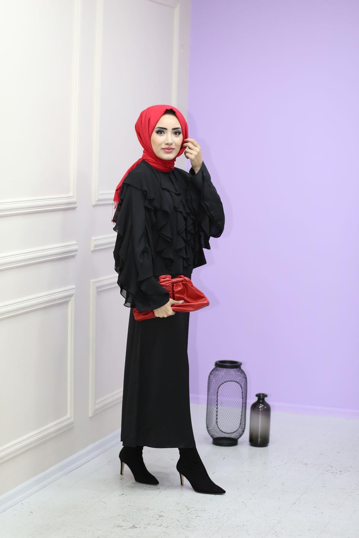 Fırfırlı Şifon Bluz Siyah 2406