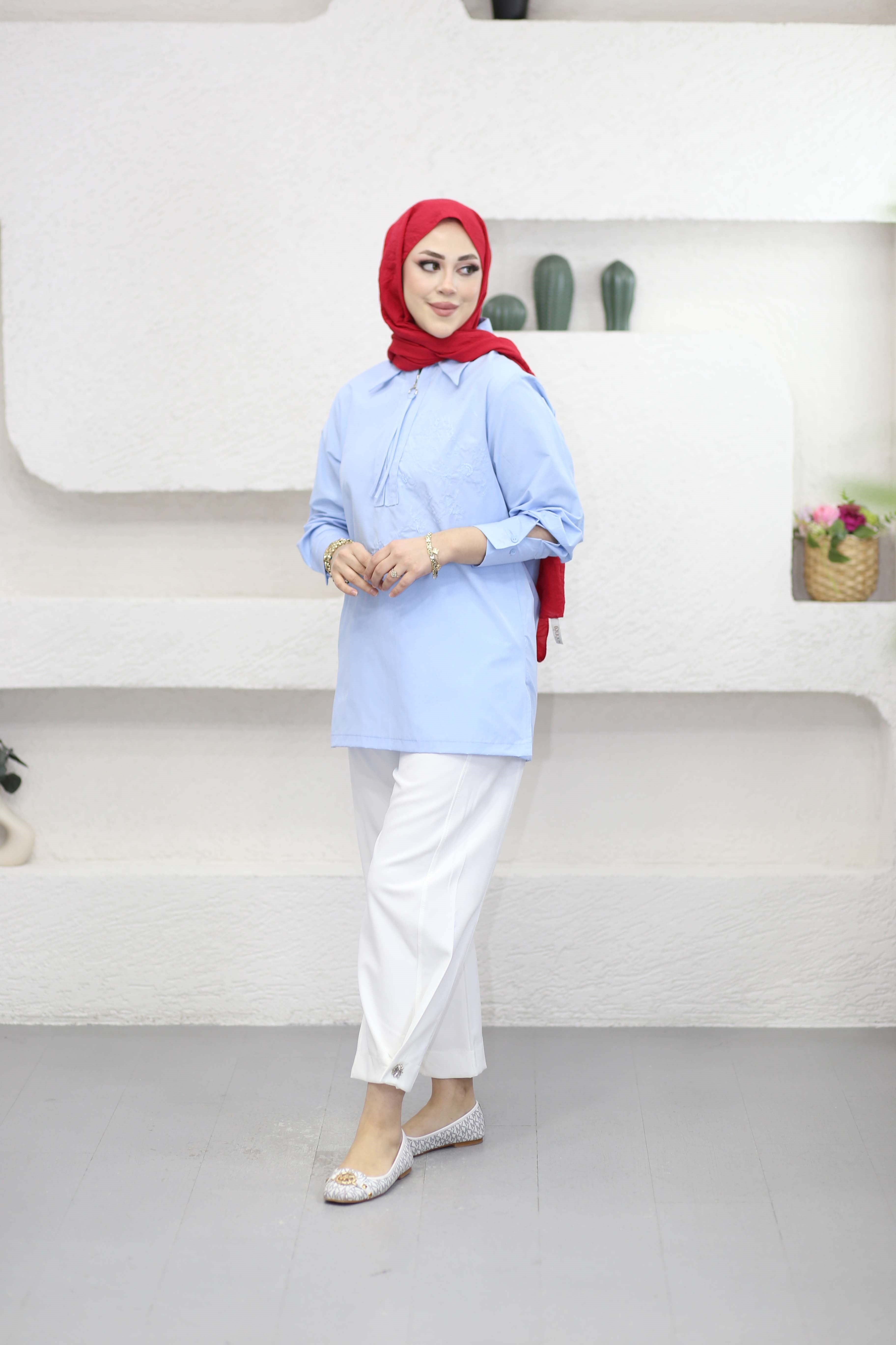 Fermuar Detaylı Nakışlı Gömlek Mavi 260136