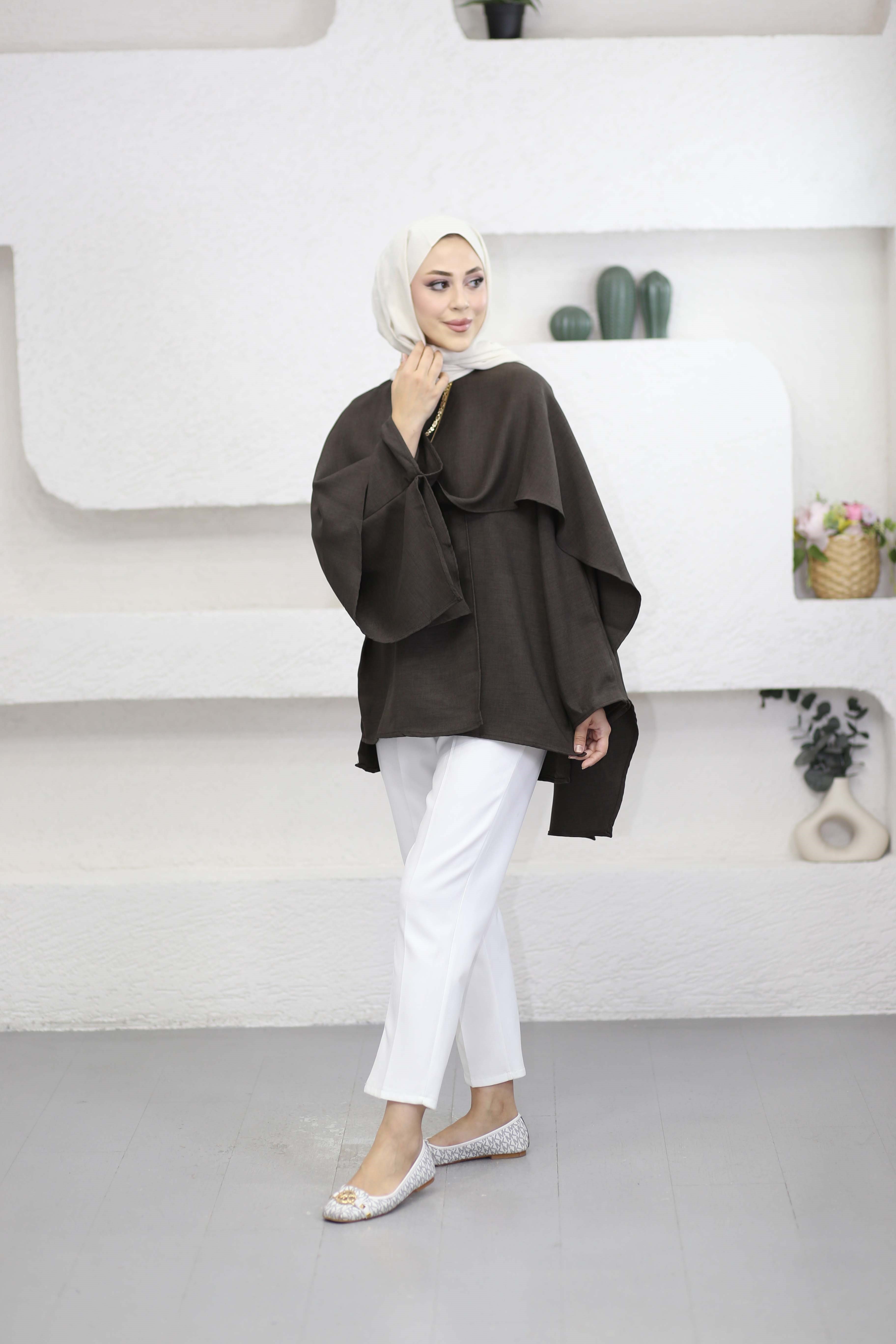 Pelerin Detaylı Tunik Kahverengi 26136