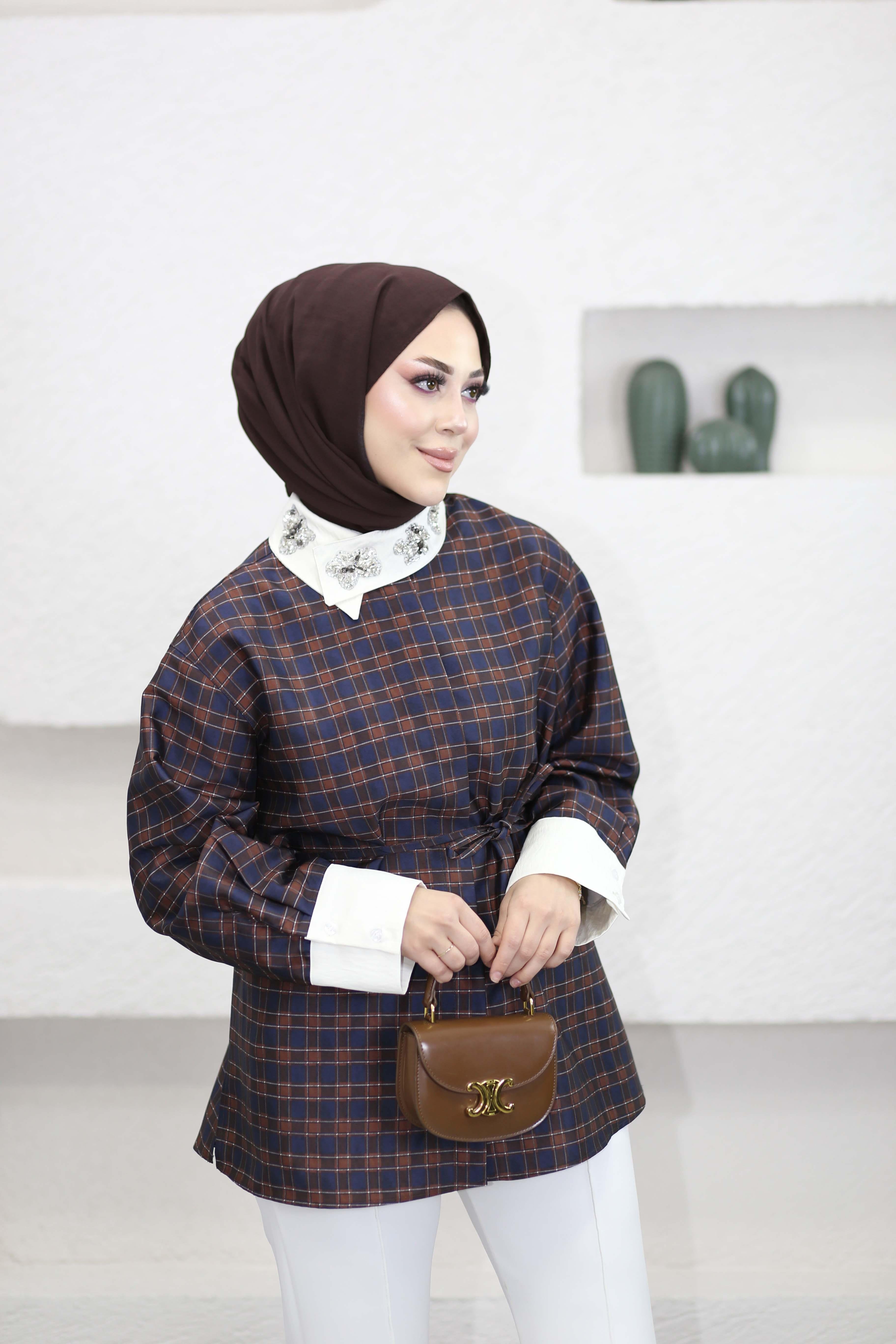 Taş Yakalı Ekose Gömlek Lacivert 556