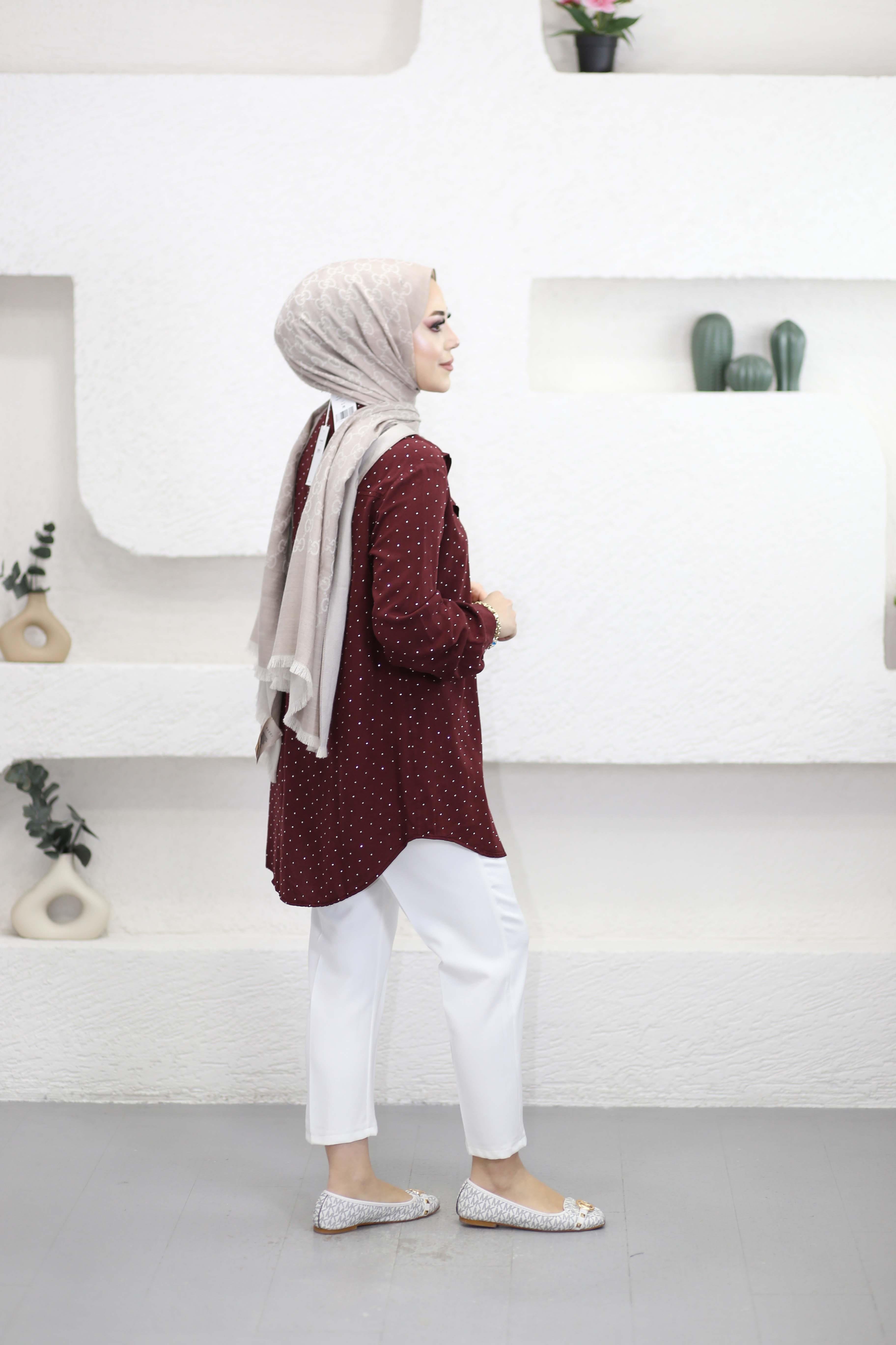 Taşlı Tencel Gömlek Bordo 7421