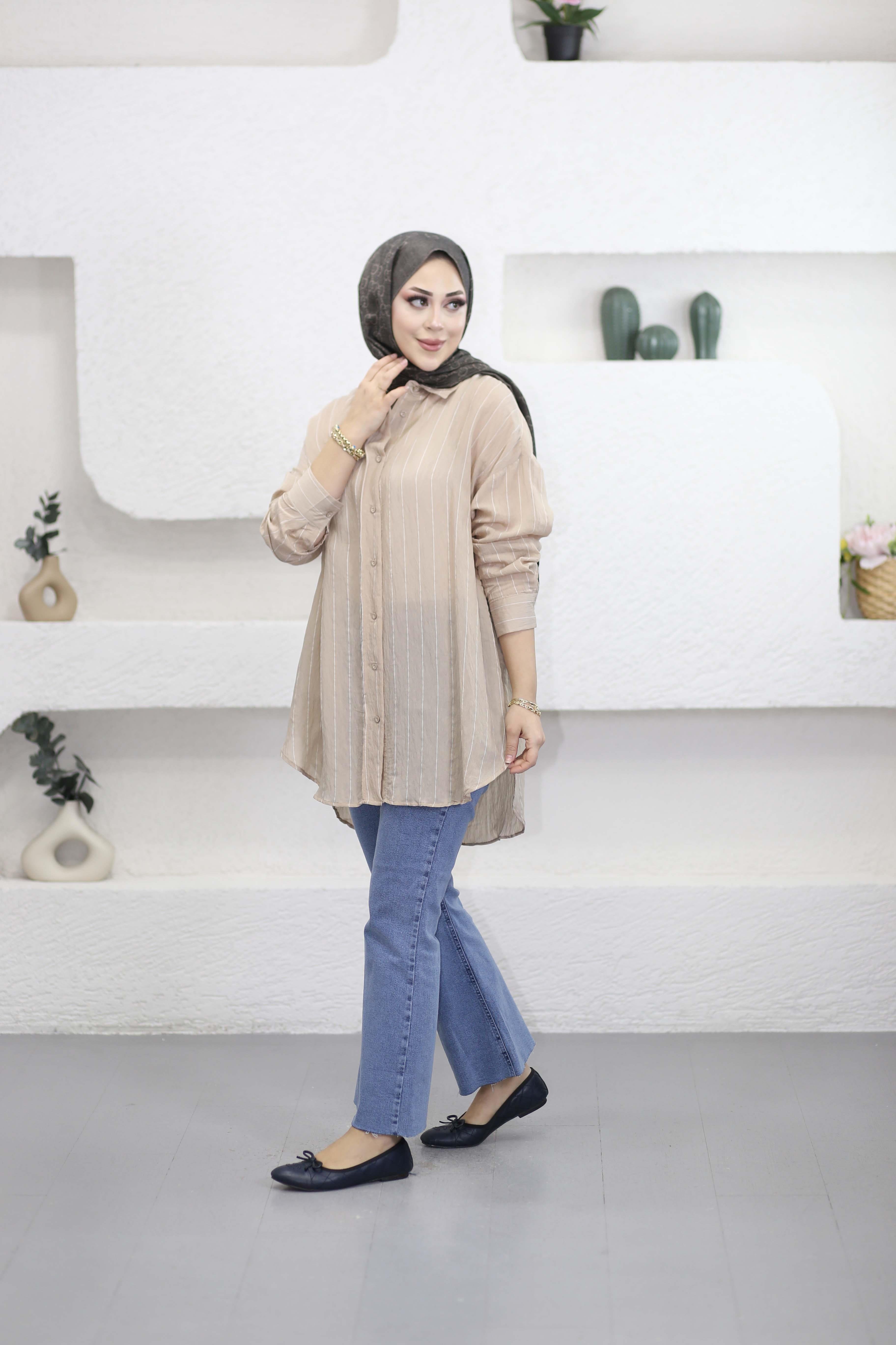 Vual Çizgili Gömlek Camel 3259